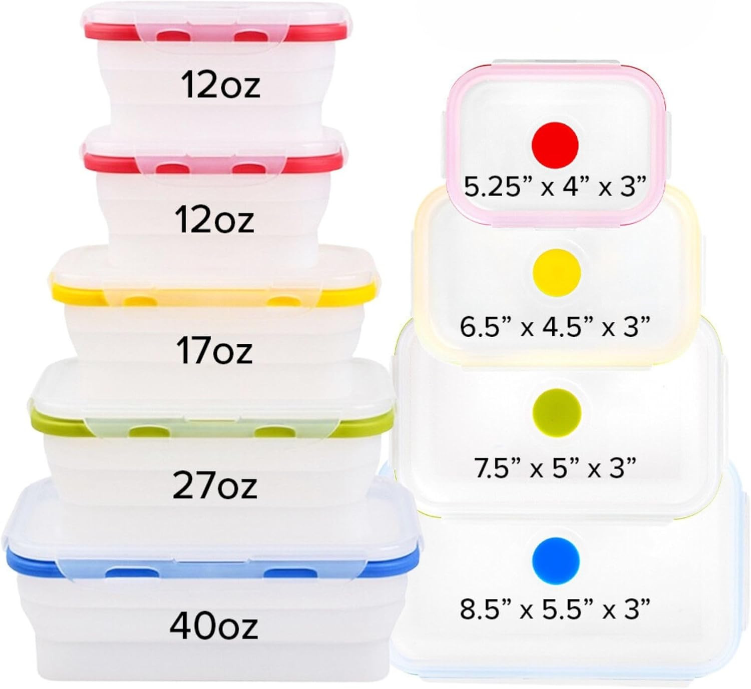 ECOBERI Collapsible Food Storage Containers, Silicone 5 Piece Set, 12/17/27/40 o
