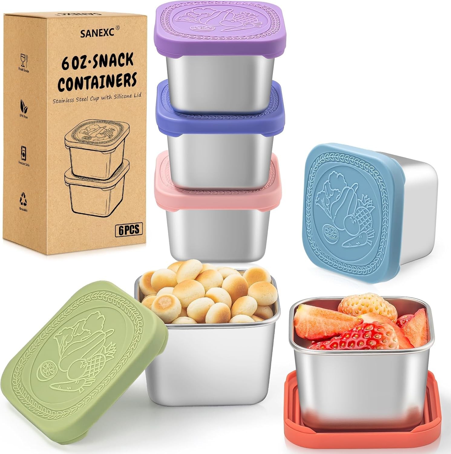 6 Oz Stainless Steel Snack Containers for Kids – 6 Pack Metal Food with Lids