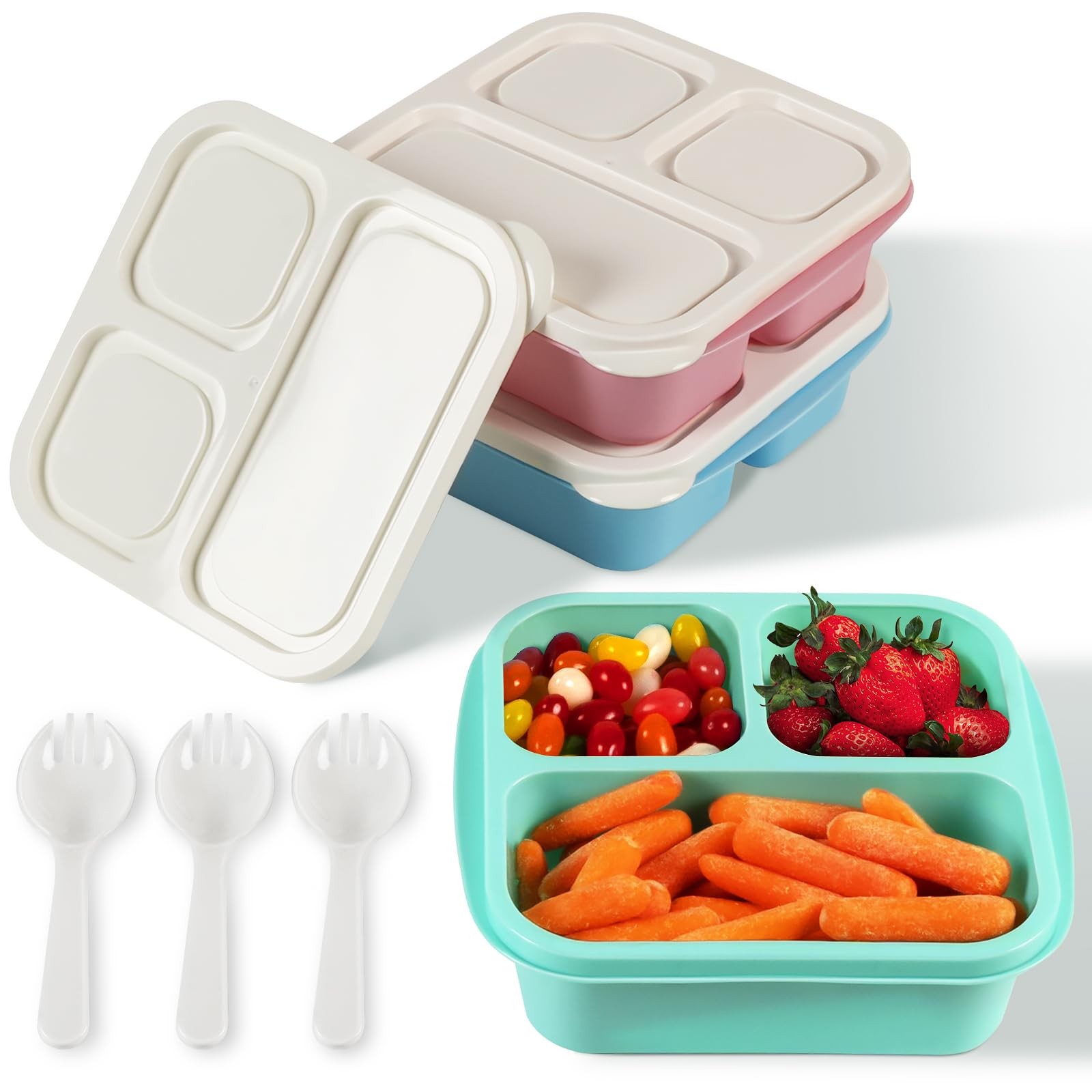 Snack Box Container with lids, Reusable 3 Compartment Bento S, Multicolor