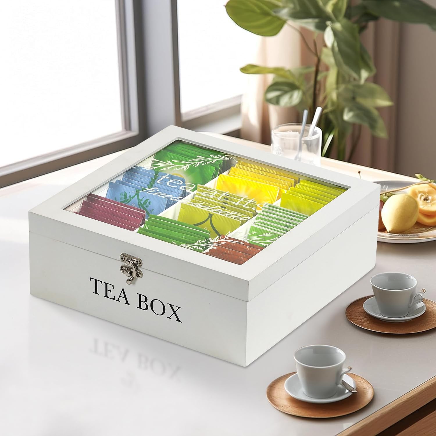 handrong Tea Box Organizer,Wood Bag Holder 24*24*9.5cm, White