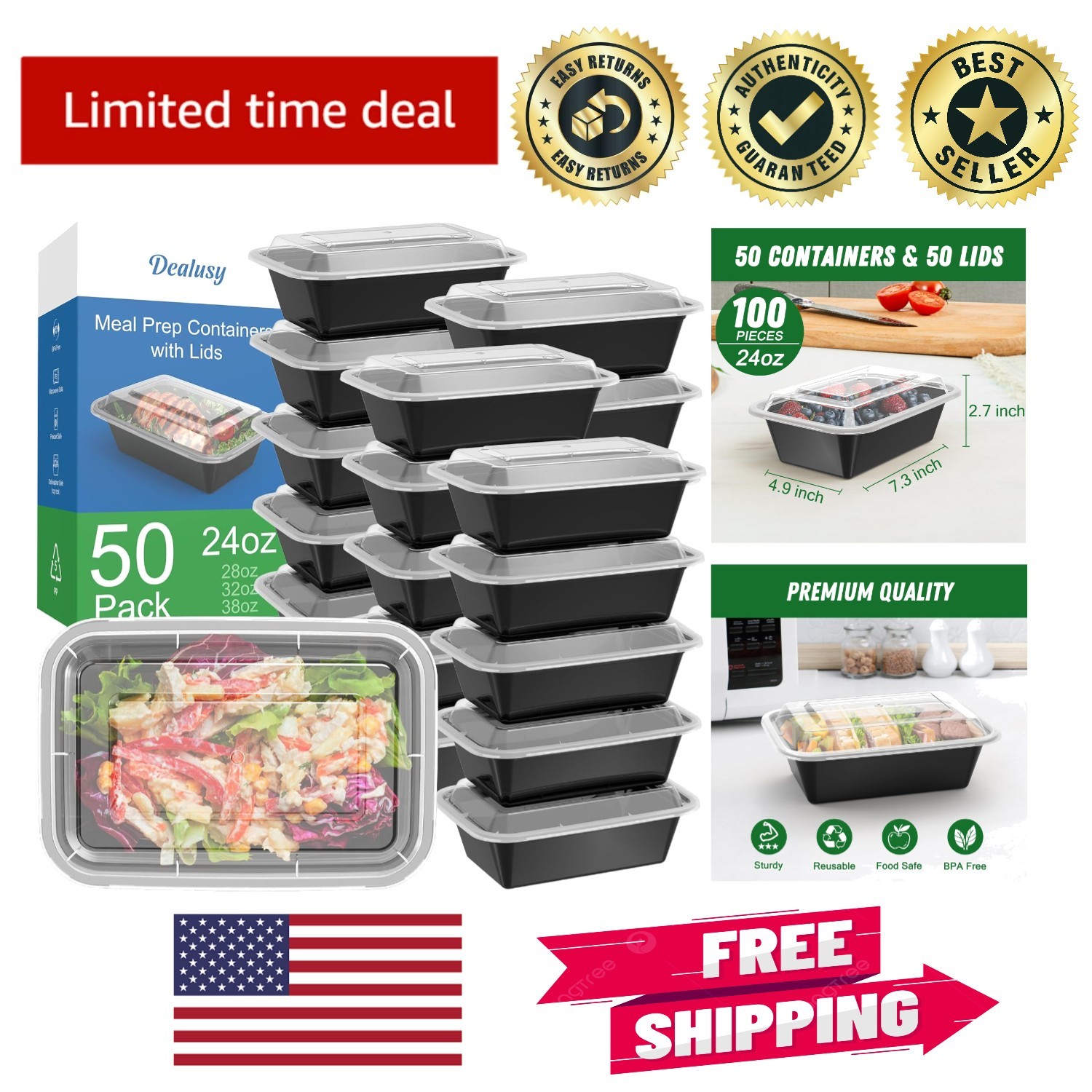 Convenient 50-Pack 24 oz Food Storage Containers – Freezer & Microwave Safe