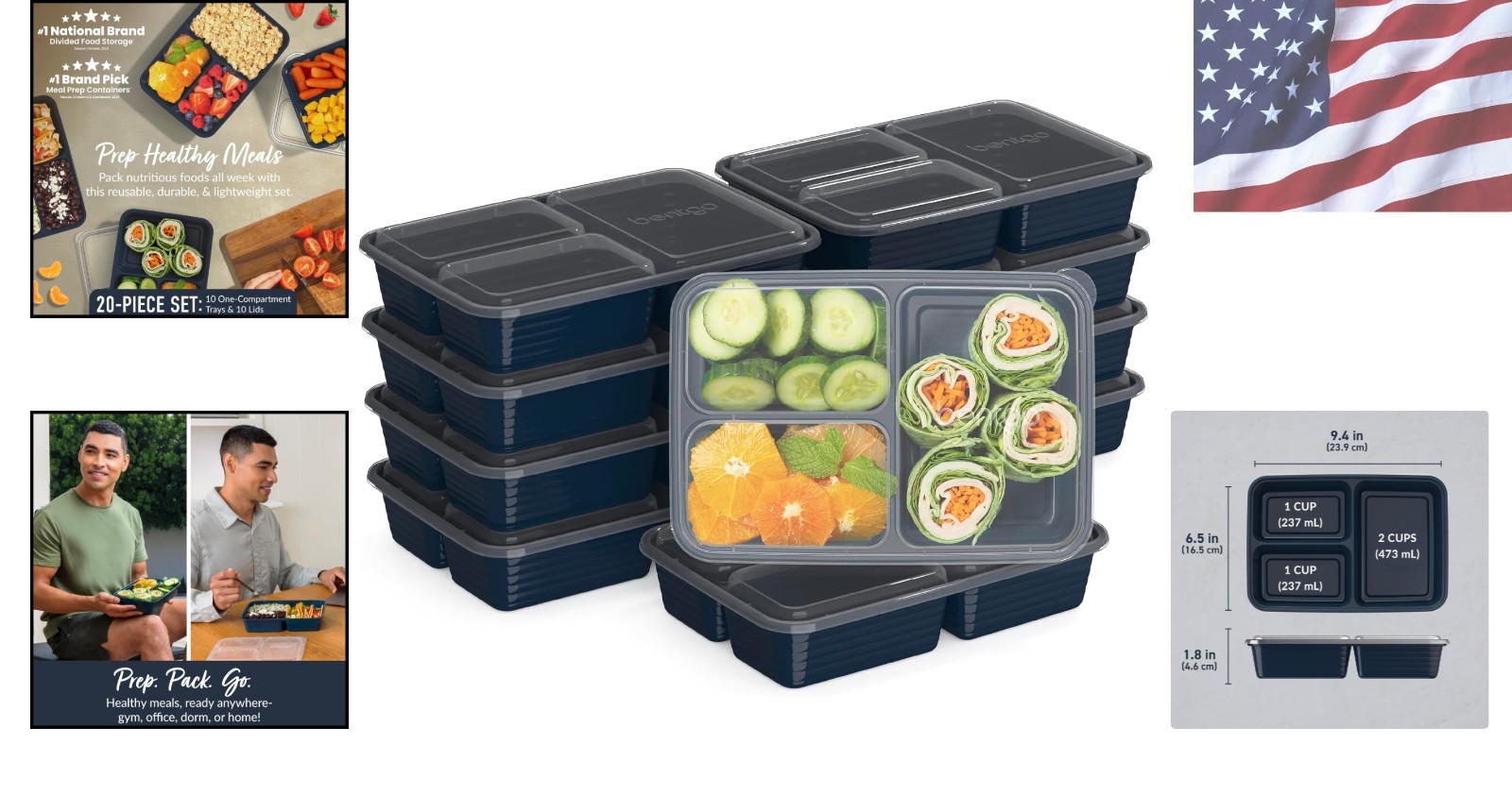 Eco-Friendly 20-Piece Meal Prep Containers with Snap Lids, 3-Compartment Design