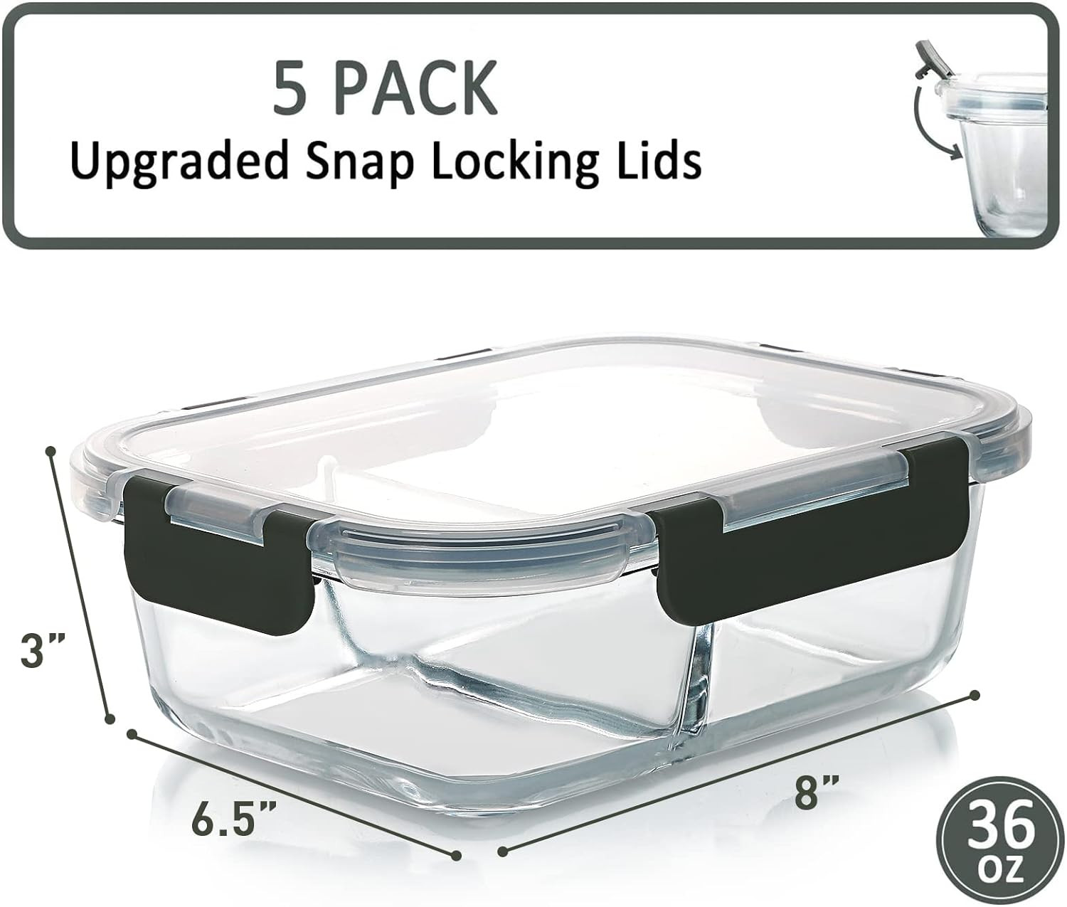 [5-Pack,36 Oz] Glass Meal Prep Containers 2 Compartments Portion Control with Up