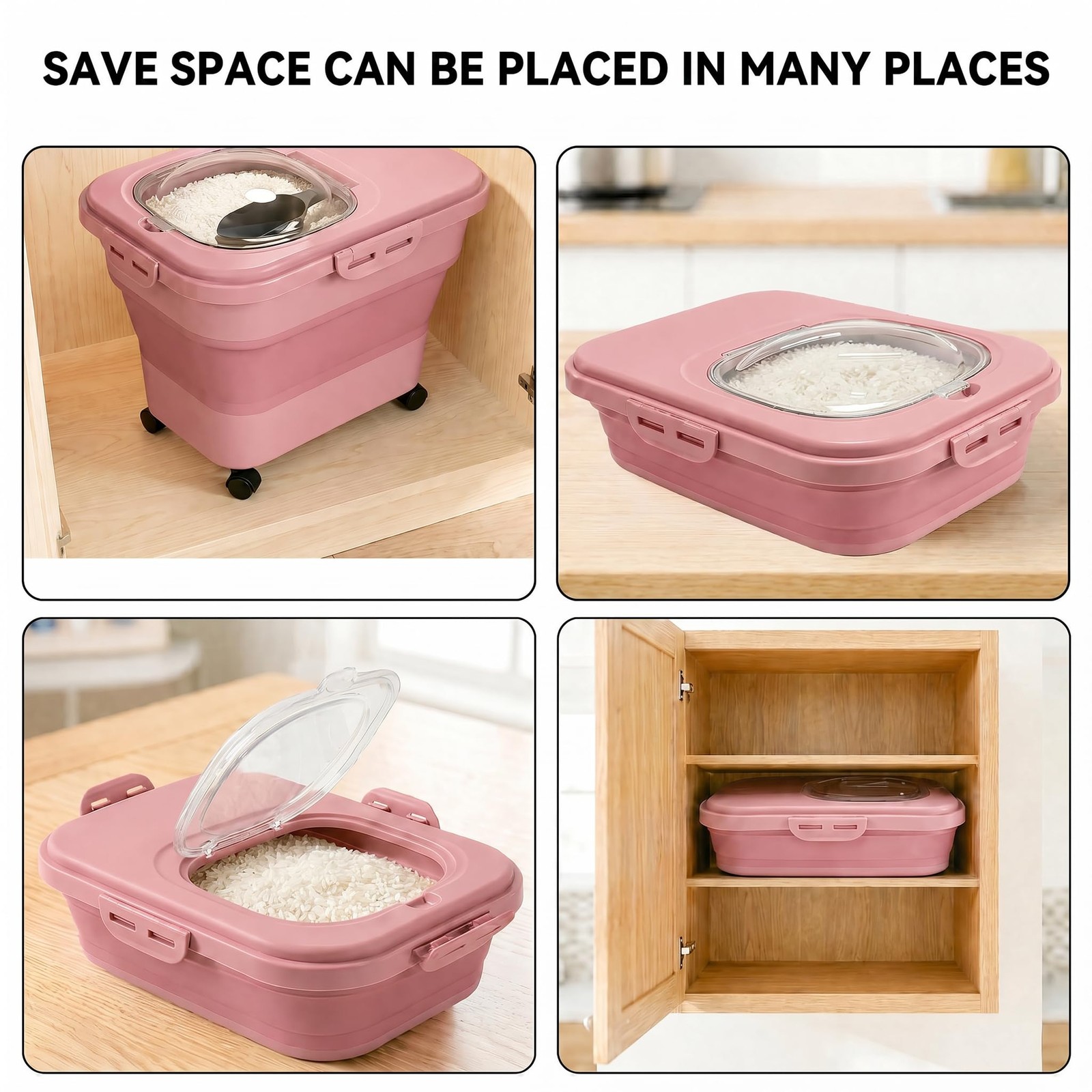 Rice Storage Container Collapsible 20-28 Lbs Food Large, Pink