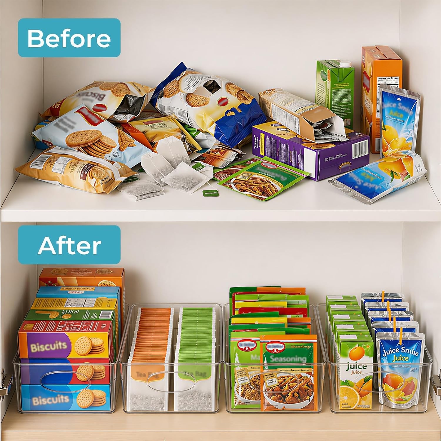 5 Pack Clear Plastic Pantry Organizers and Storage, Stackable Storage Bins wi…