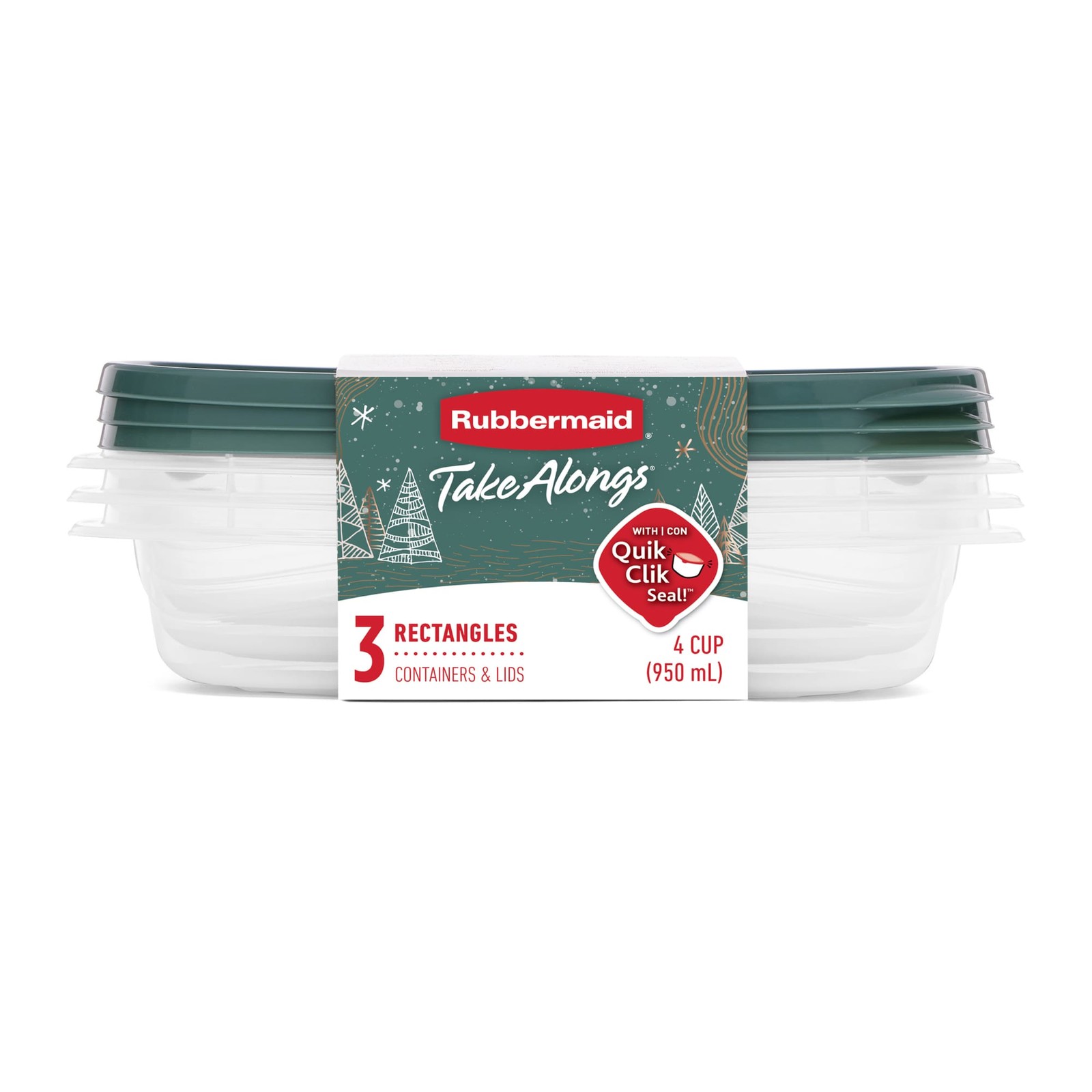 Rubbermaid Clear Food Storage Container with Lid, 4 Cup, Green, Pack of 3