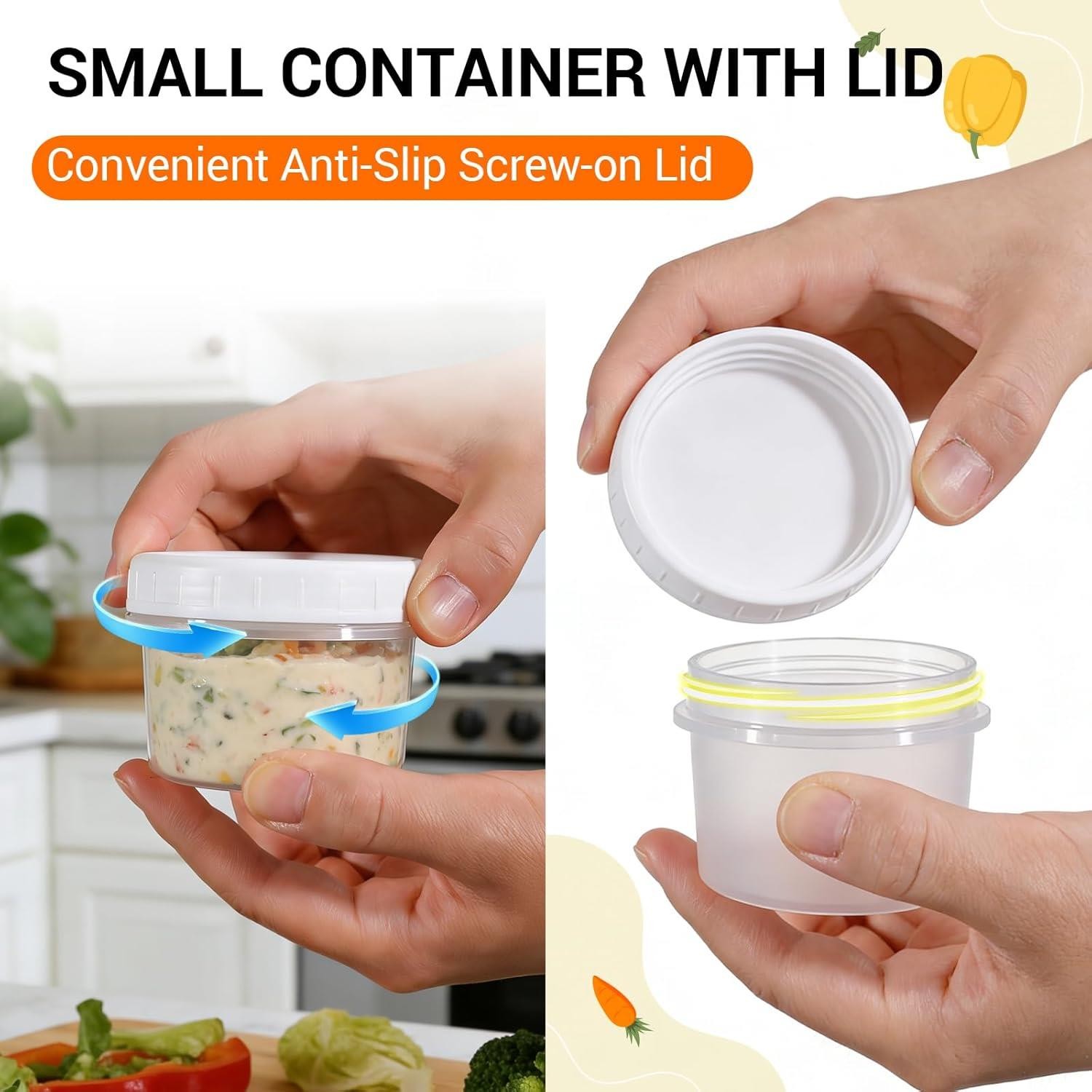 DEMORA 4 Oz Small Plastic Containers with Twist on Lids [20 Sets], Stackable Lit