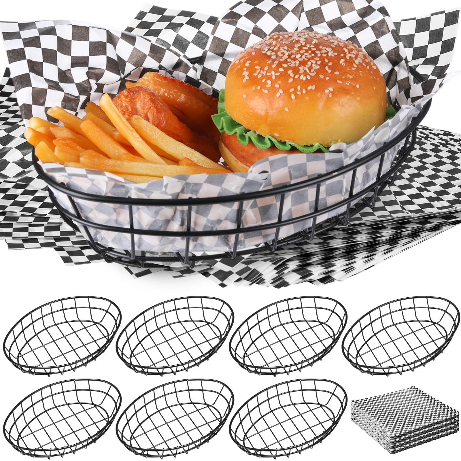 Black Wire Oval Bread Roll Serving Basket 9.65×6.1×2.2 Inch 120 Paper 8 PCS