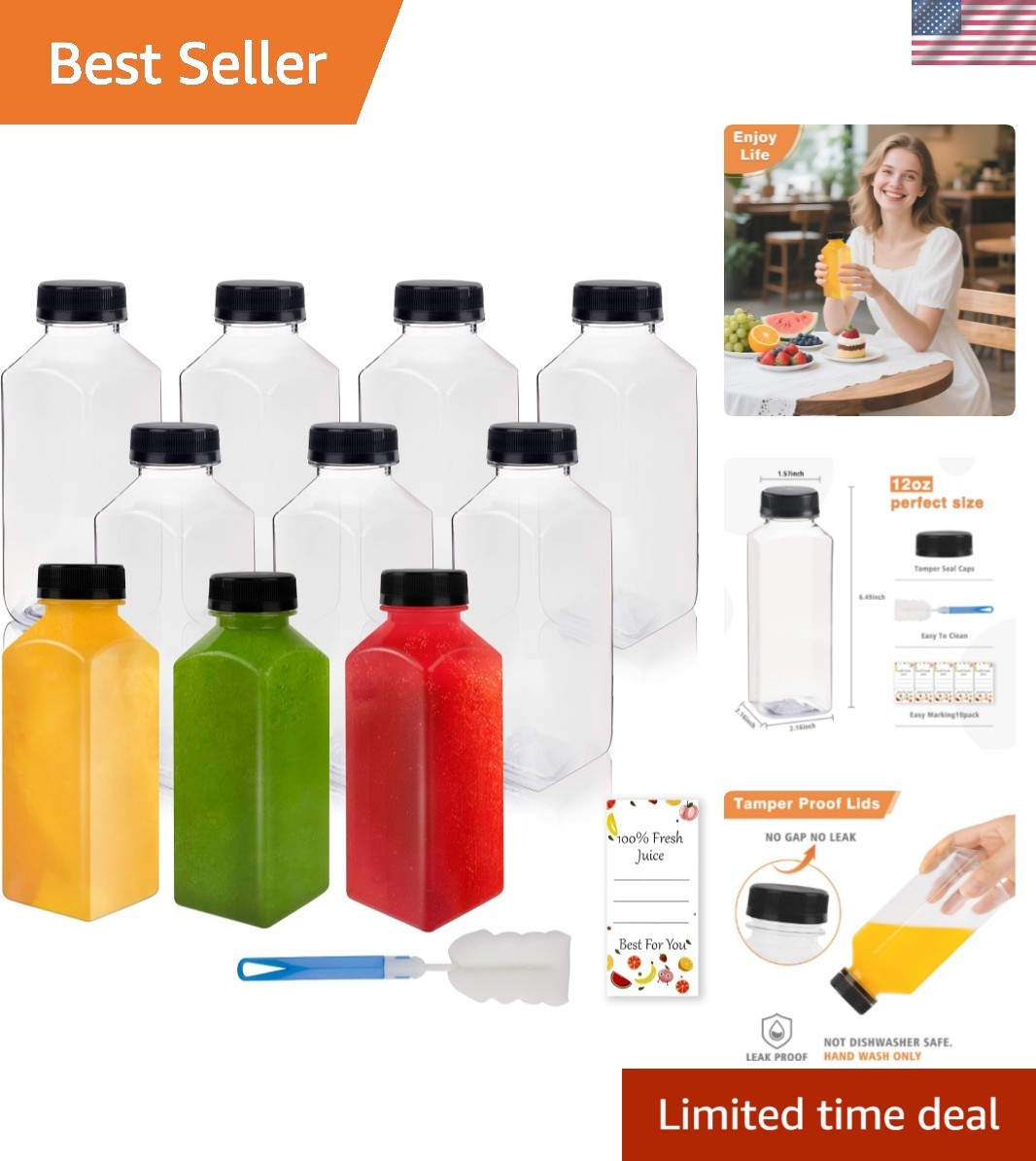 10 Pcs 12oz Plastic Juice Bottles With Caps, Reusable Food Grade Chear Juice …