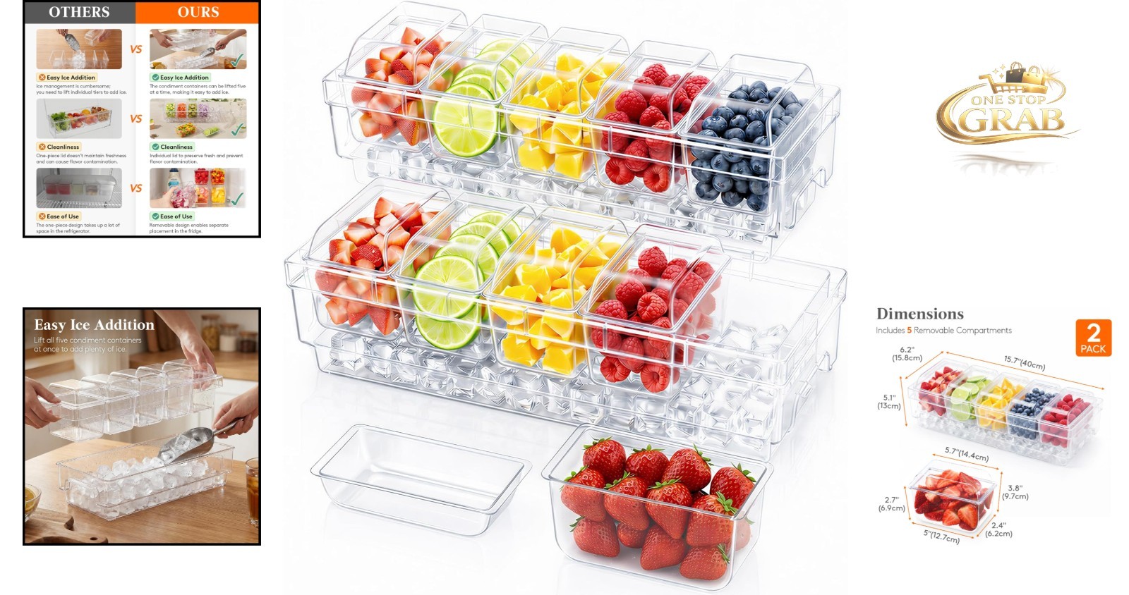 Lifewit 2-Piece Condiment Caddy Set with Lids Ice Garnish Tray Clear Plastic