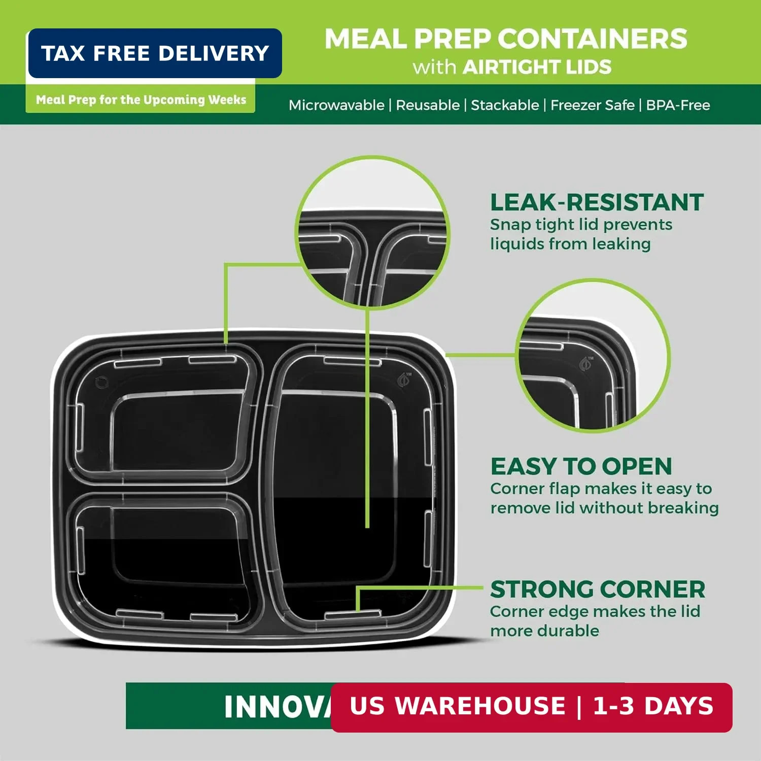 Freshware Meal Prep Containers [50 Pack] 3 Compartment Food Storage Containers w