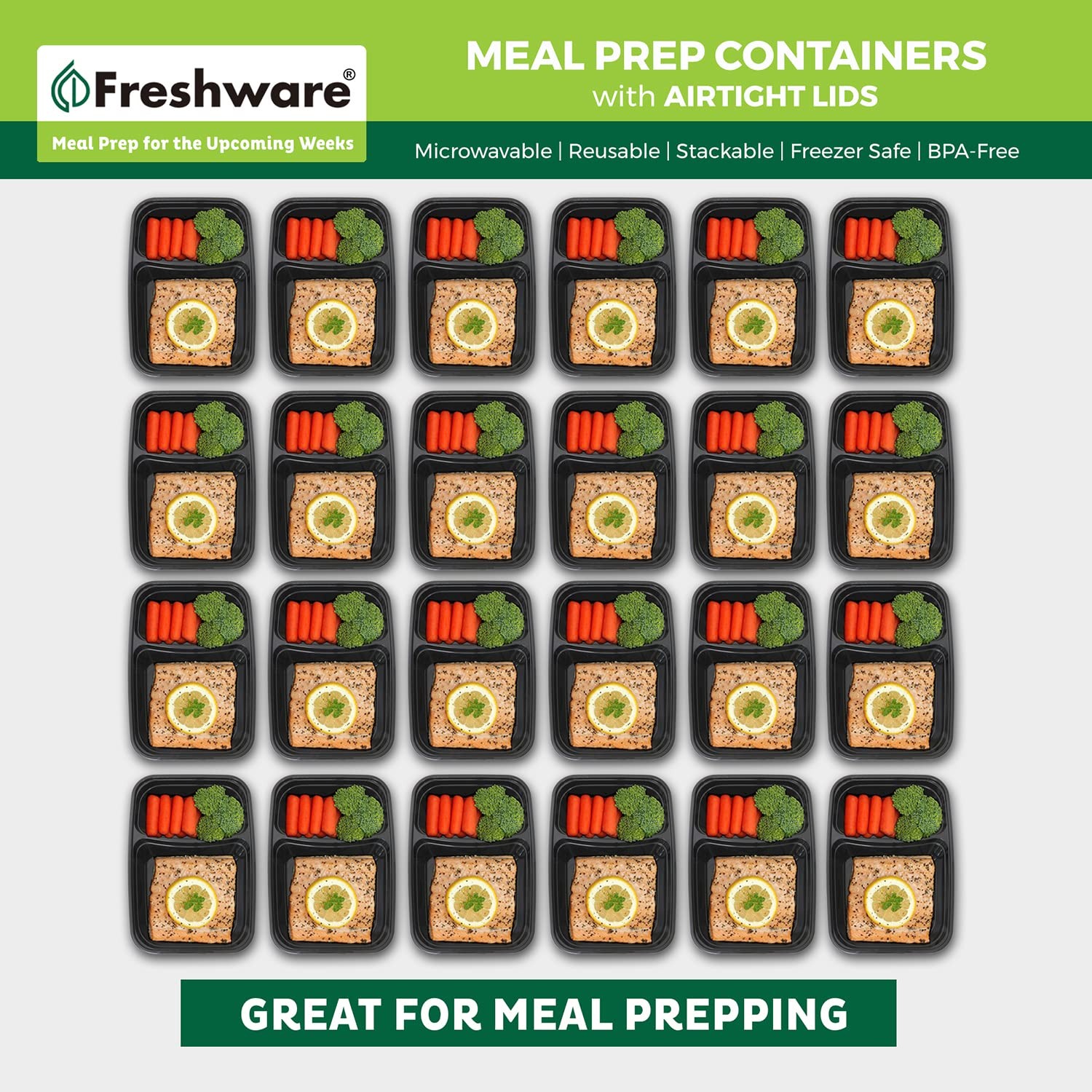 Freshware Meal Prep Containers [15 Pack] 2 Compartment One Size, 28OZ_15PK