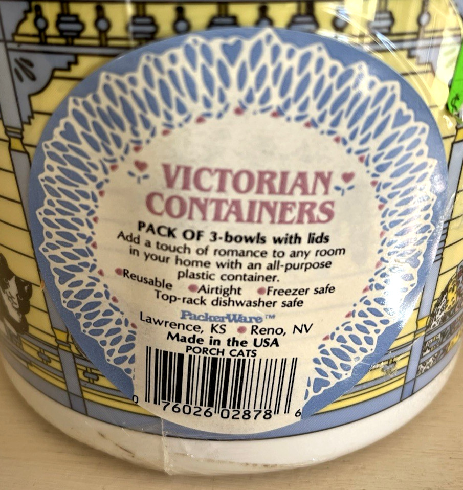 Vintage Packerware Containers NEW Sealed Set 3 CATS Victorian Porch RARE!!