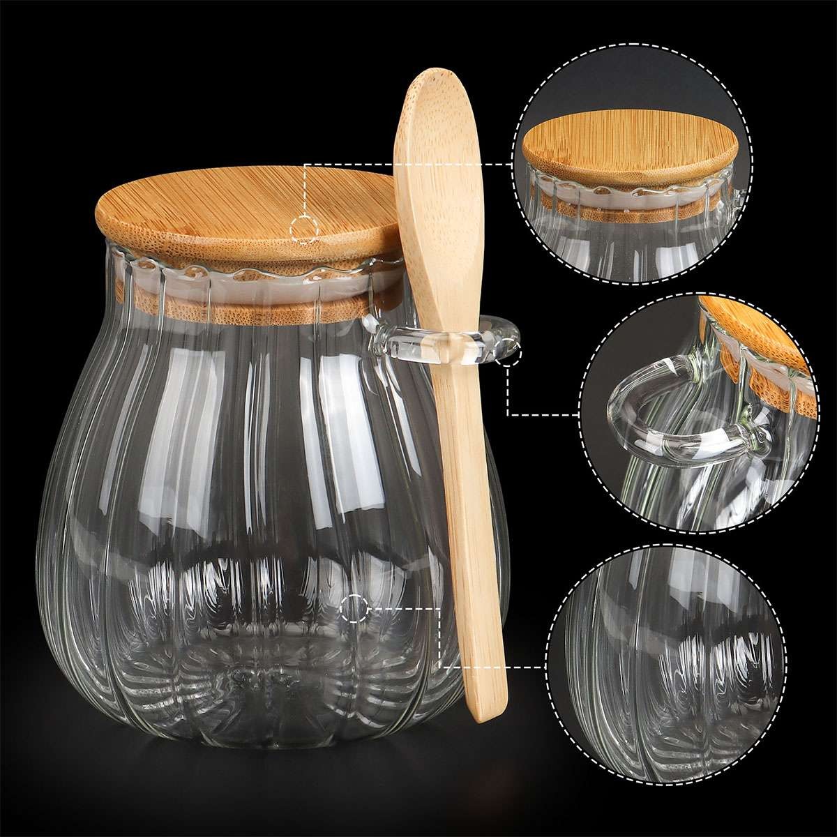 Sugar Container with Bamboo Lid and Spoon,350ml Sugar Bowl Glass Jar for Coffee