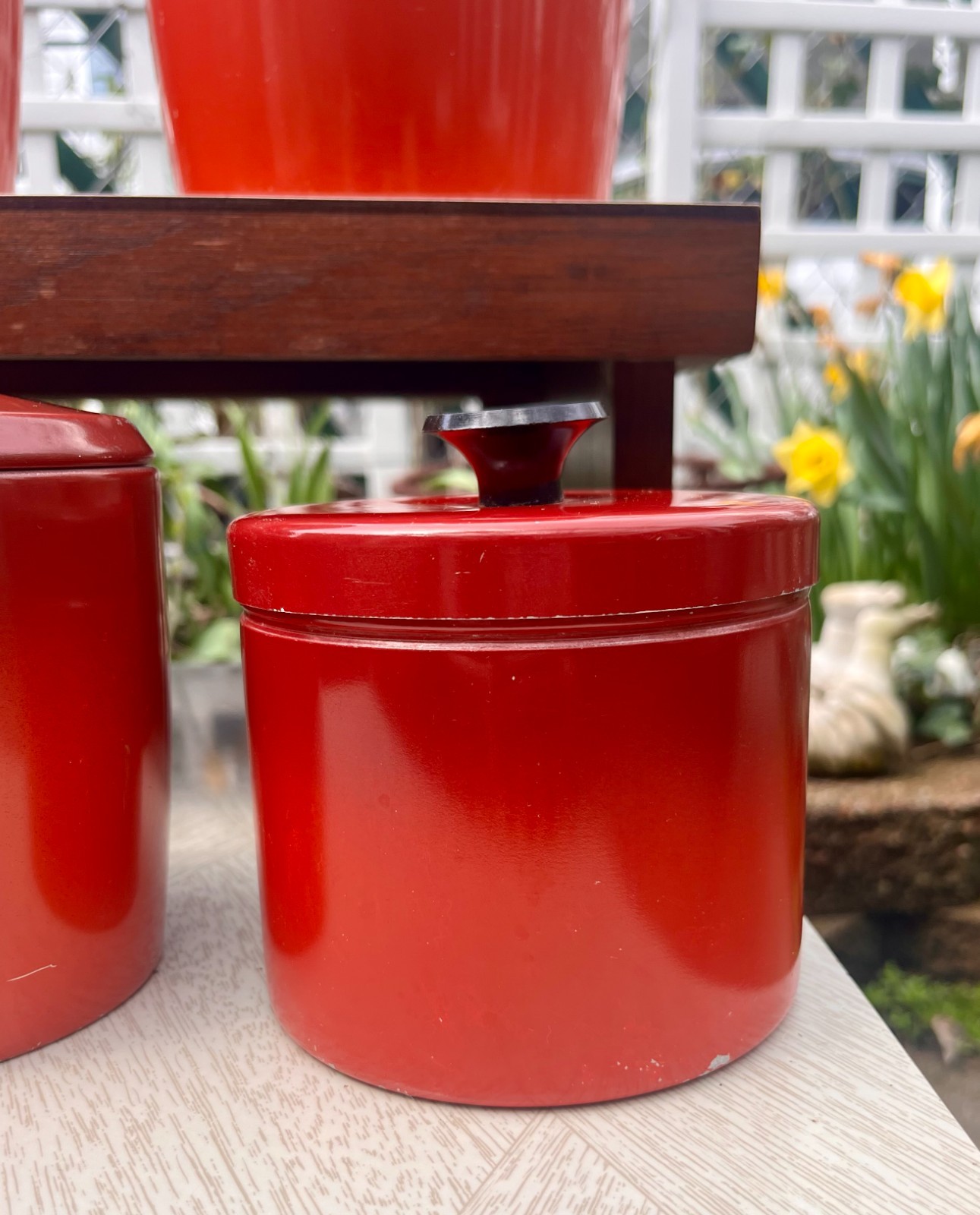Vintage 1950’s West Bend FULL SET Red Aluminum Kitchen Storage Canisters w Lids