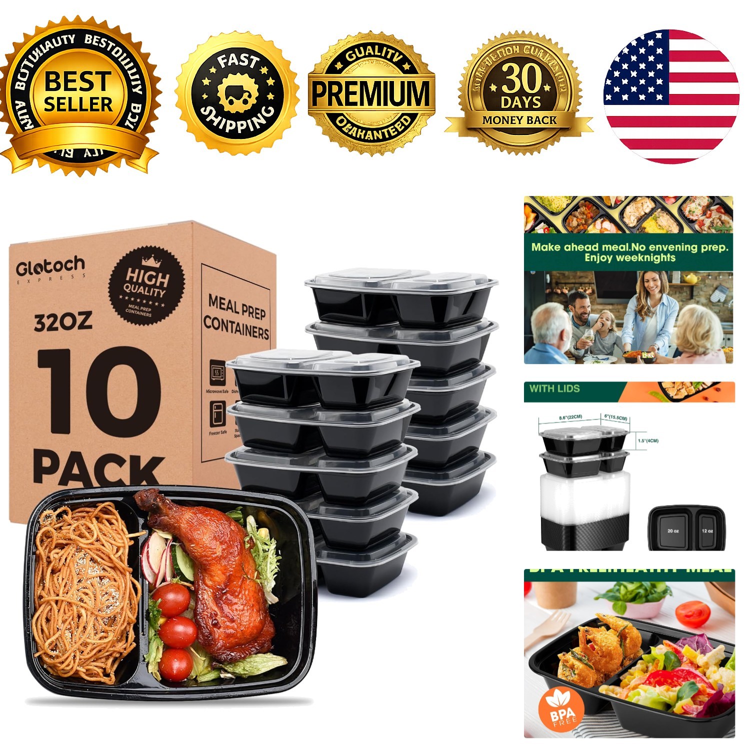 Glotoch 10 Pack 32oz Meal Prep Containers Reusable Microwave Safe BPA-Free Lids