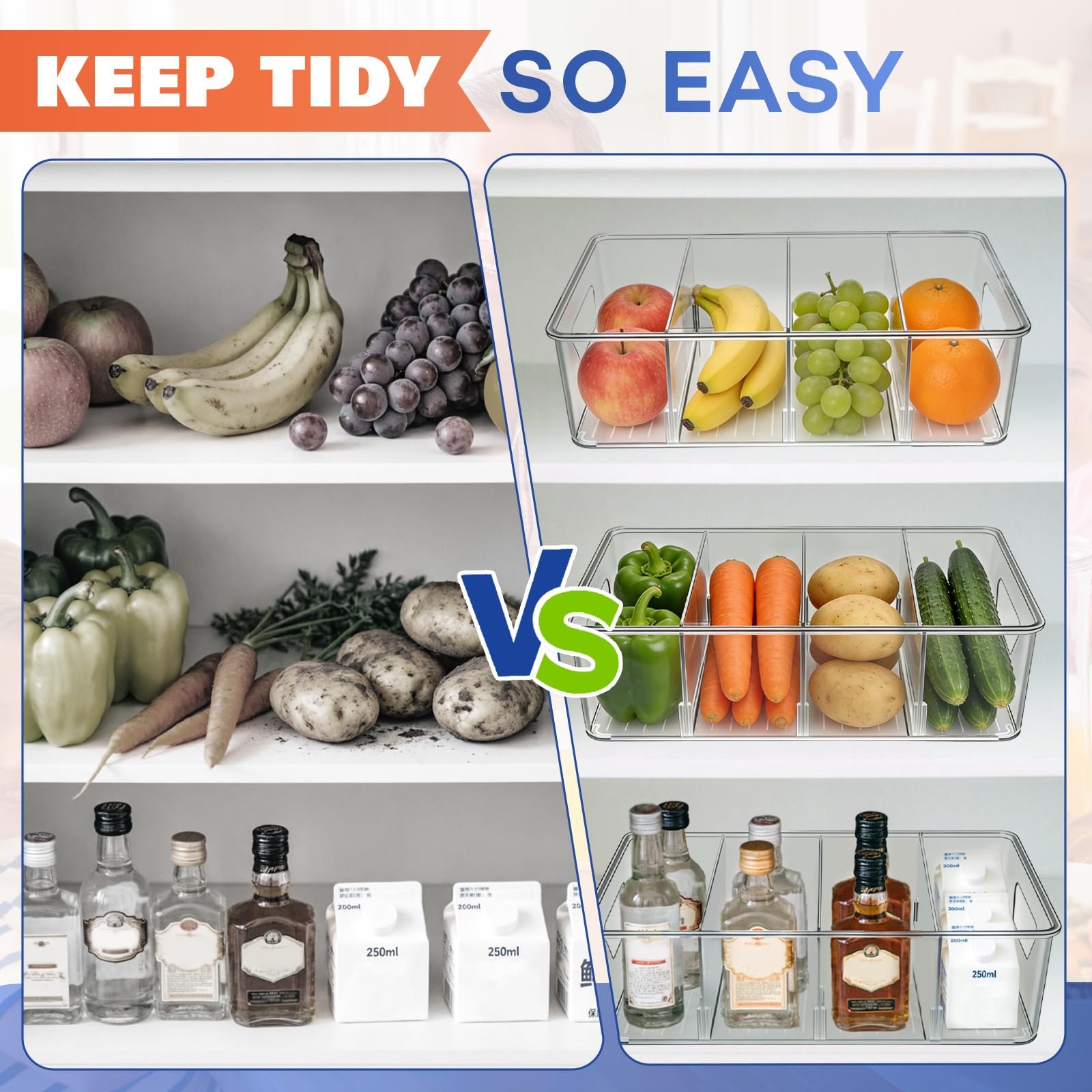 Stackable 4-Compartment Pantry Organizers and Storage, Clear Plastic Storage …