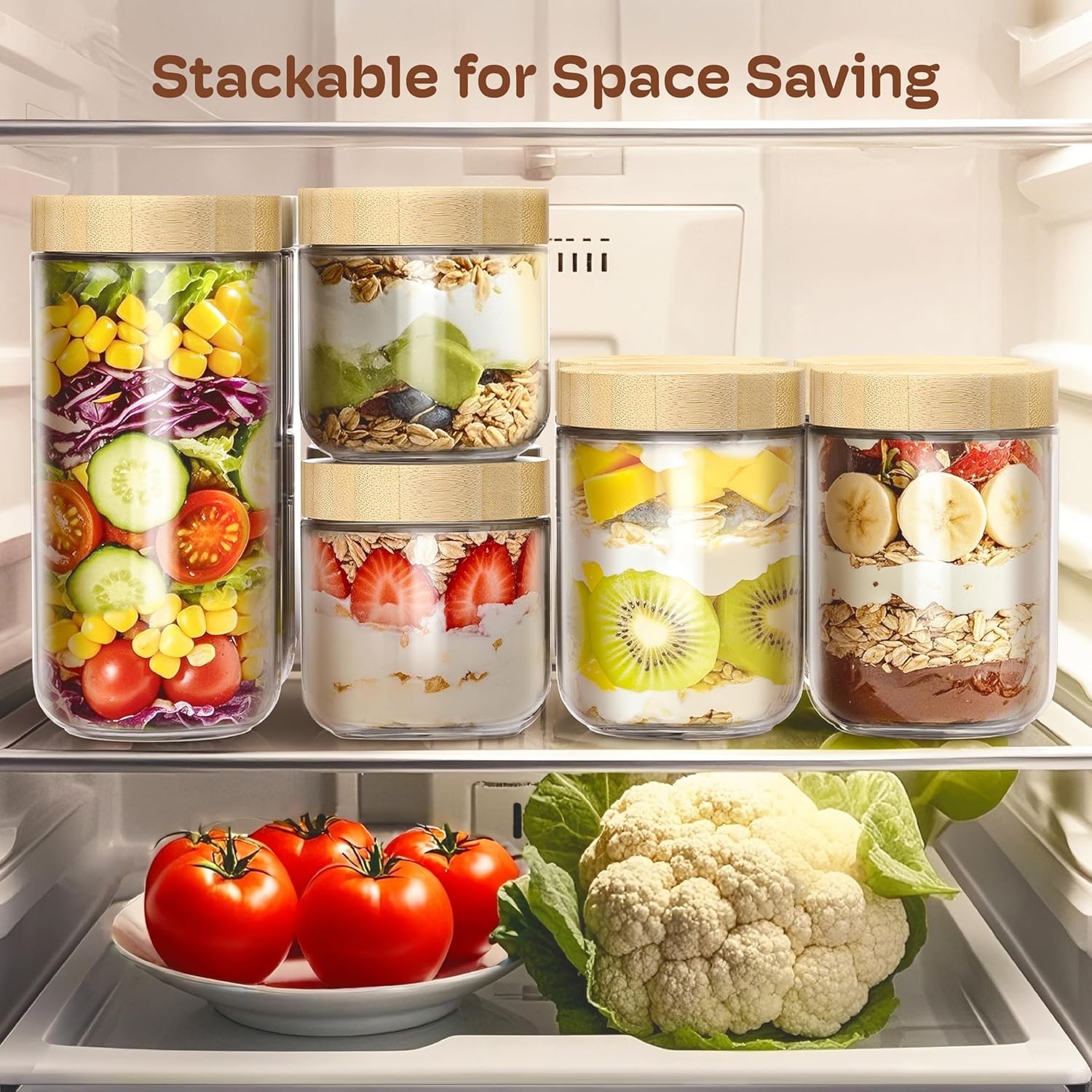 4 pack 16oz Overnight Oats Containers W/ Bamboo Lids Glass Jars W/ Airtight Lids