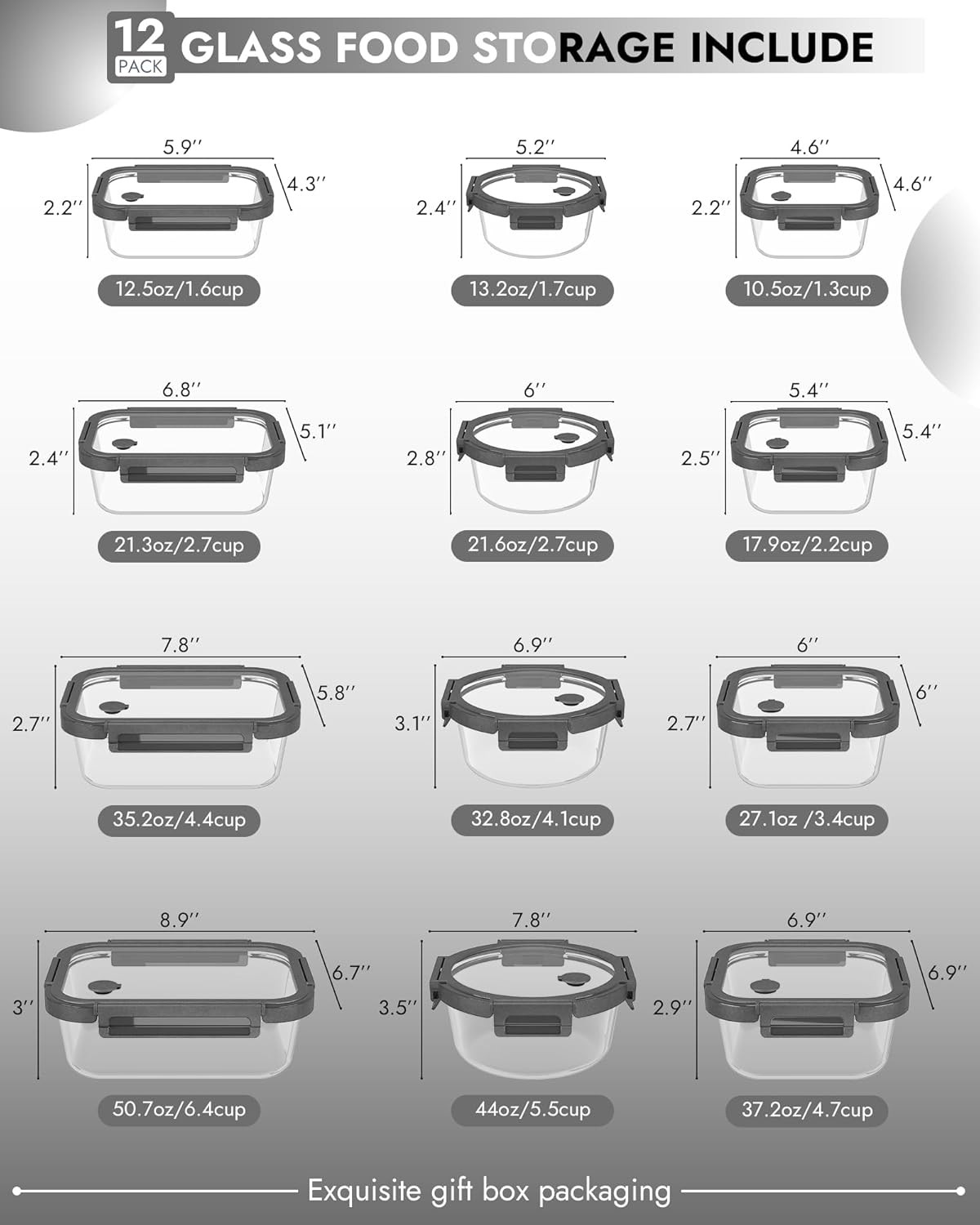 12-Pack Glass Containers with Tempered Lids – Borosilicate, Oven-Safe(-4°F~950°F