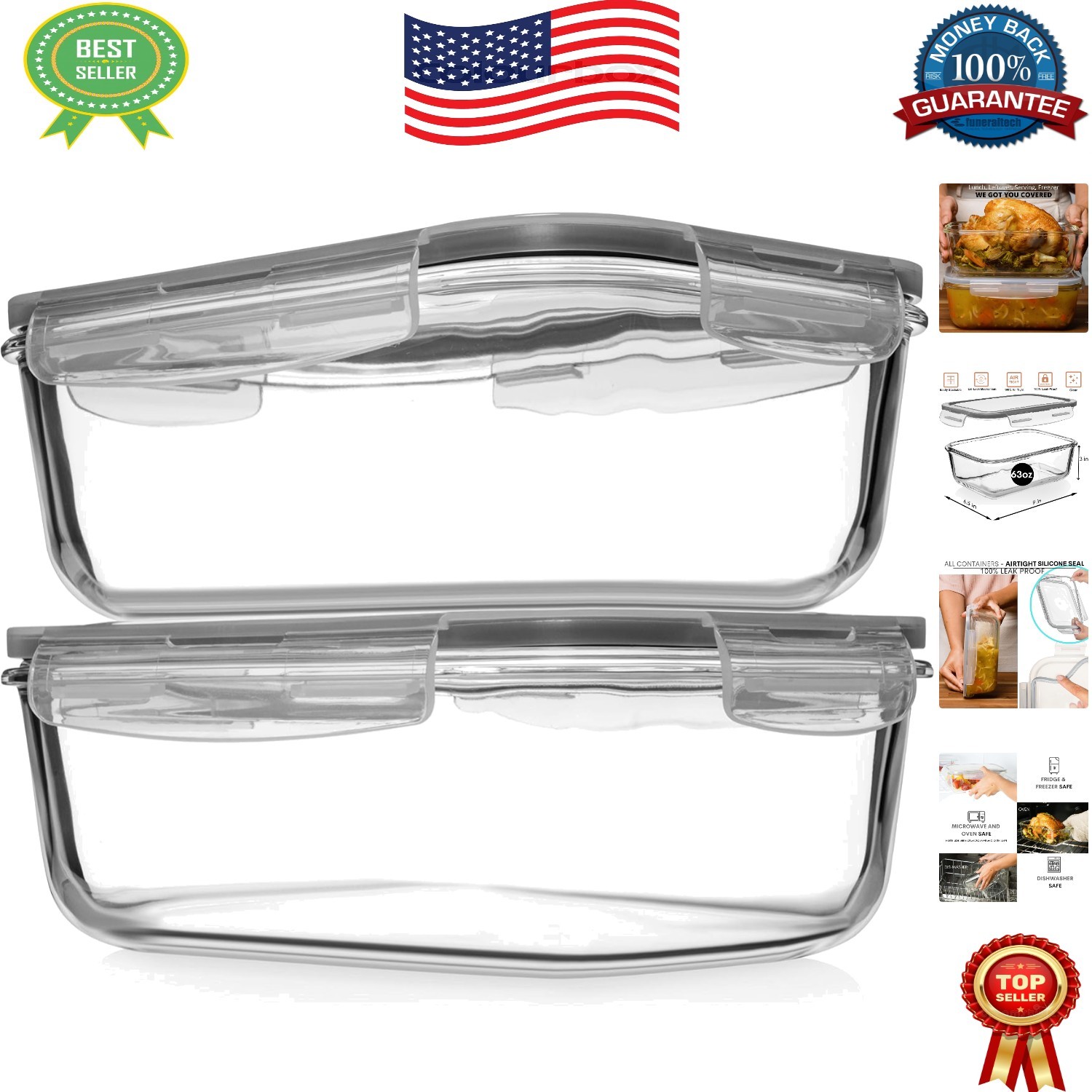 63 Oz Borosilicate Glass Storage Set – 2 Airtight Containers & Lids