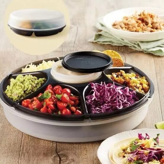 ) BRAND NEW TUPPERWARE SERVING CENTRE DIVIDED DISH WITH LID AND DIP HOLDER