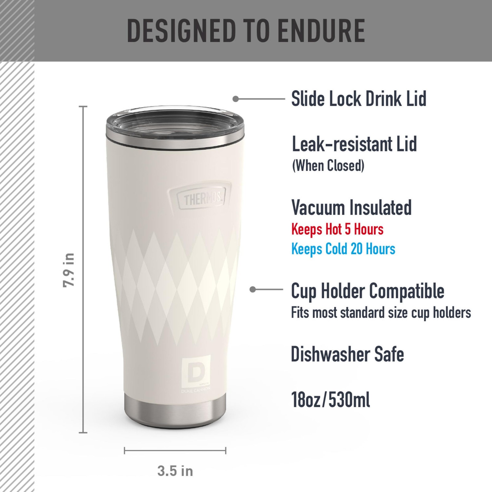 Thermos Duke Cannon Stainless Steel Tumbler Slide Lock 18 Ounce Productivity