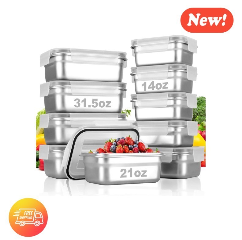 NEW – 10 PCS Square 304 Stainless Steel Food Containers with Lids