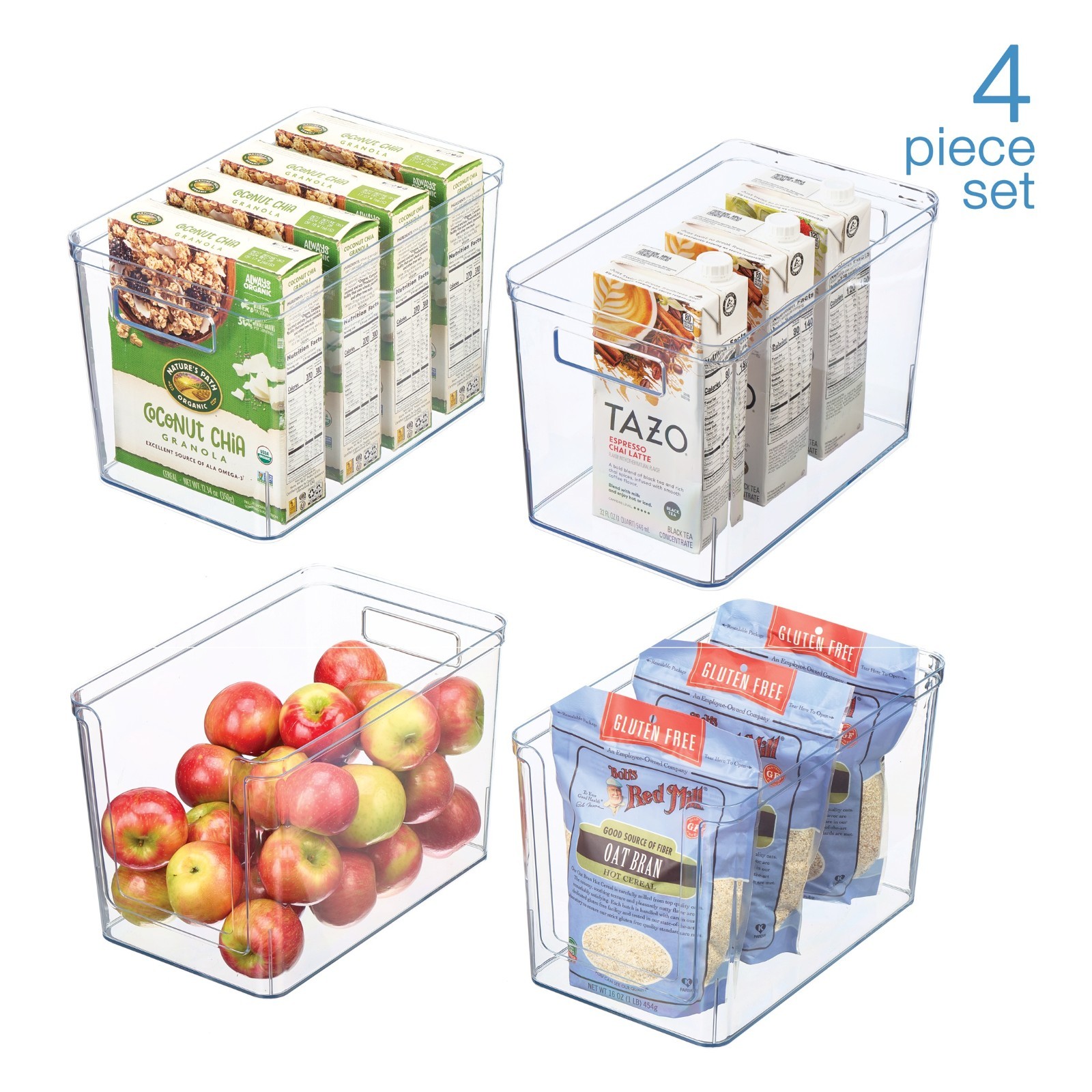 Mainstays 4-Piece Clear Plastic Pantry Storage Bin Organizer Set, Kitchen Cabine