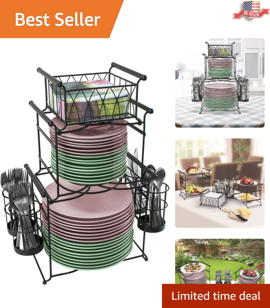 Buffet Caddy – 7-Piece Set – Plate, Napkin, and Silverware Holder – Carbon Steel