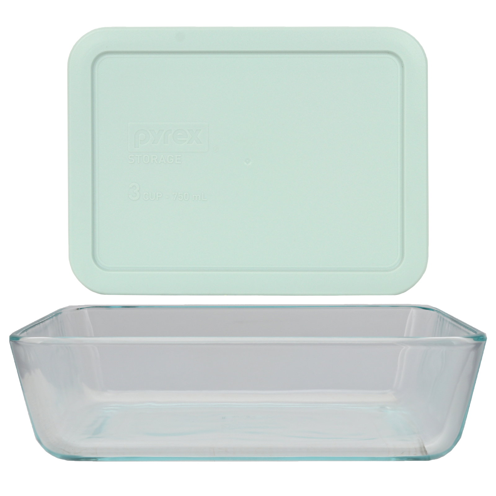 Pyrex (1) 7210 3-cup Glass Dish & (1) 7210-PC Muddy Aqua Lid