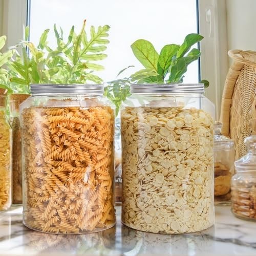 Tlence 2 Pack 1 Gallon Clear Plastic Jars, Large Food Storage Containers with Al