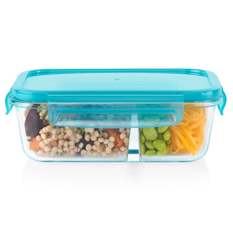 Glass Meal Prep Containers Two Compartment Microwave Safe Food Storage Caddy New