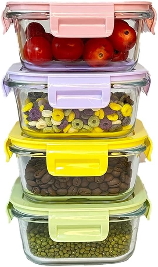  4 Pack 8 Pcs 16 oz Square Glass Food Storage Container with Lids Oven Safe