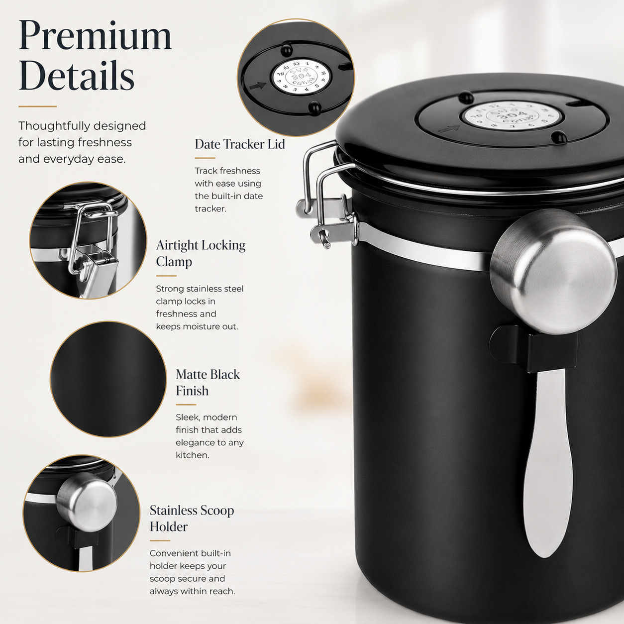 New Item Coffee Canister Storage Container – 22OZ Stainless Steel Black