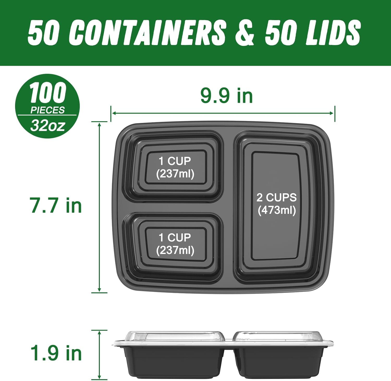 50 Pack (100-Piece) 32 Oz Meal Prep Containers Reusable with Lids 3-Compartment,