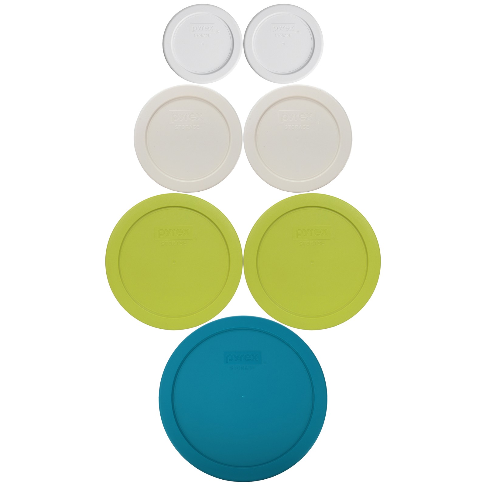 Pyrex (2) 7202-PC White, (2) 7200-PC, (2) 7201-PC, (1) 7402-PC Lids