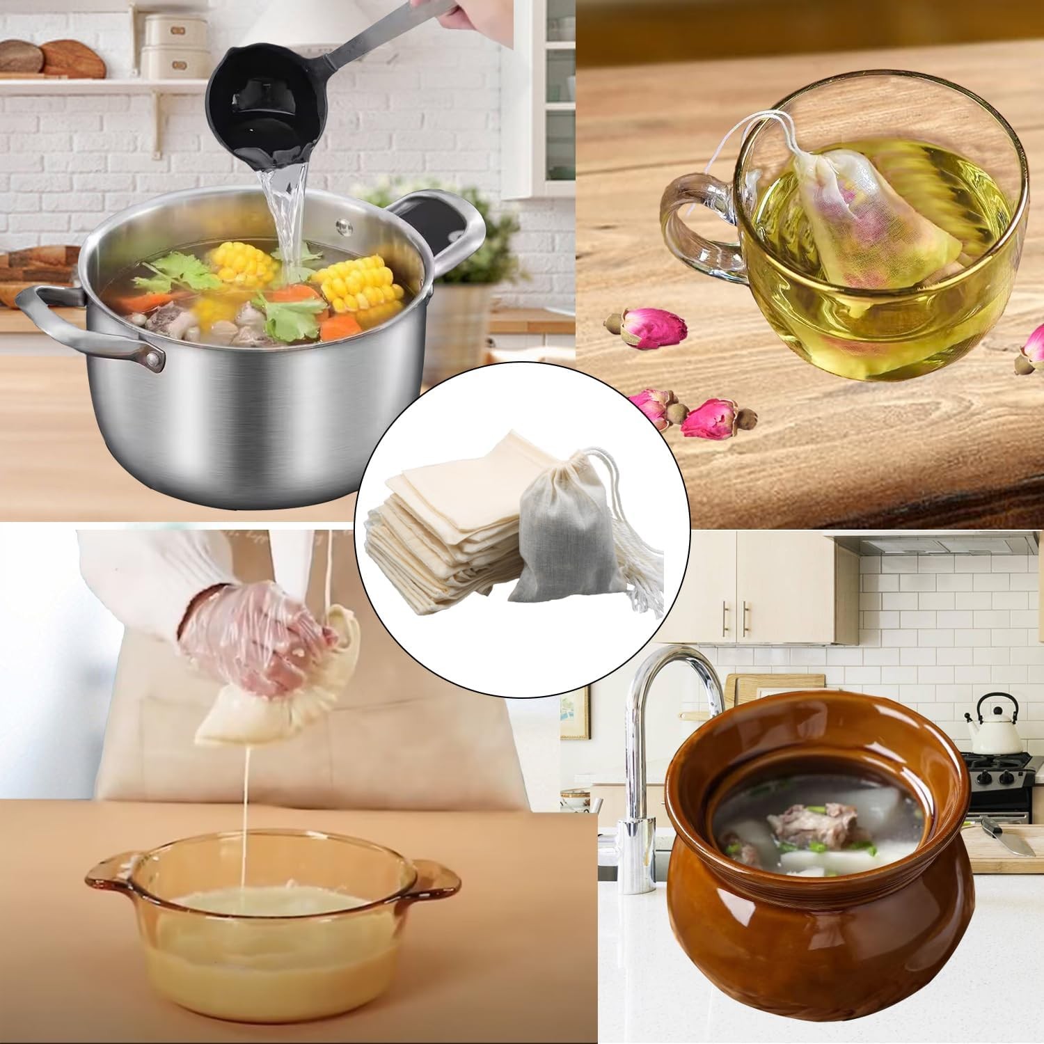 10Pcs Reusable Tea Filter Bag, Soup, Bone Broth Brew, 3 x 4 inches, Beige
