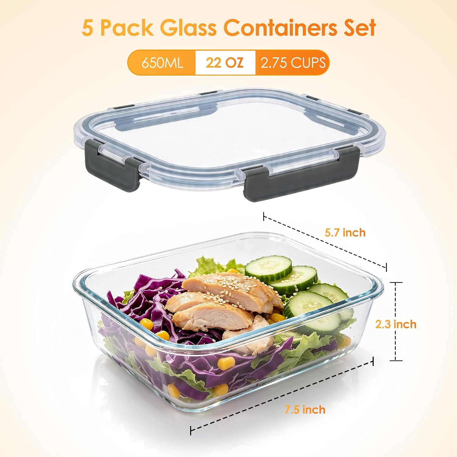 5Pack 22oz Glass Storage Containers with Lids, Glass Meal Prep Containers Set, A