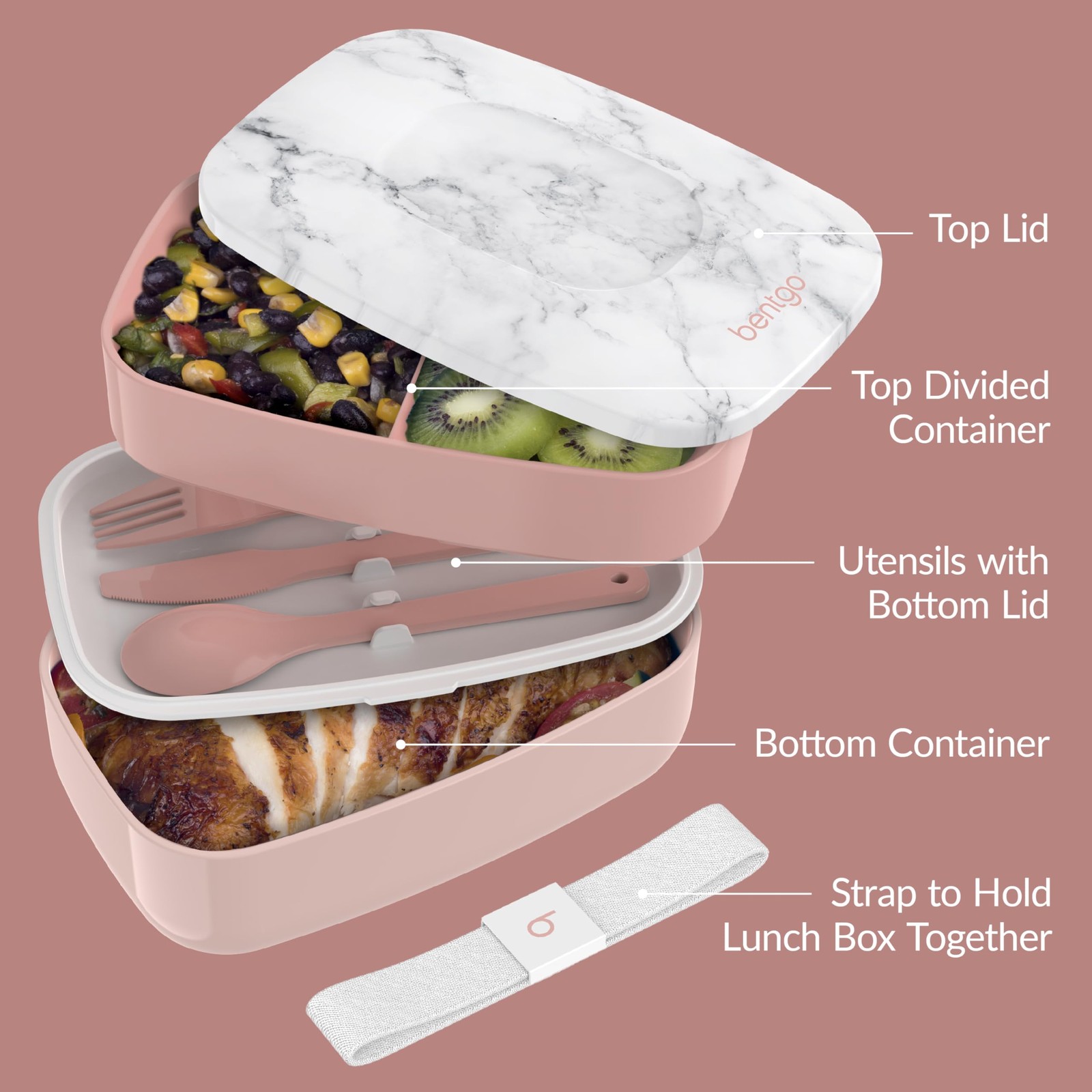 Bentgo Classic – Adult Bento Box, Stackable 7 inches x 4 inches, Blush Marble