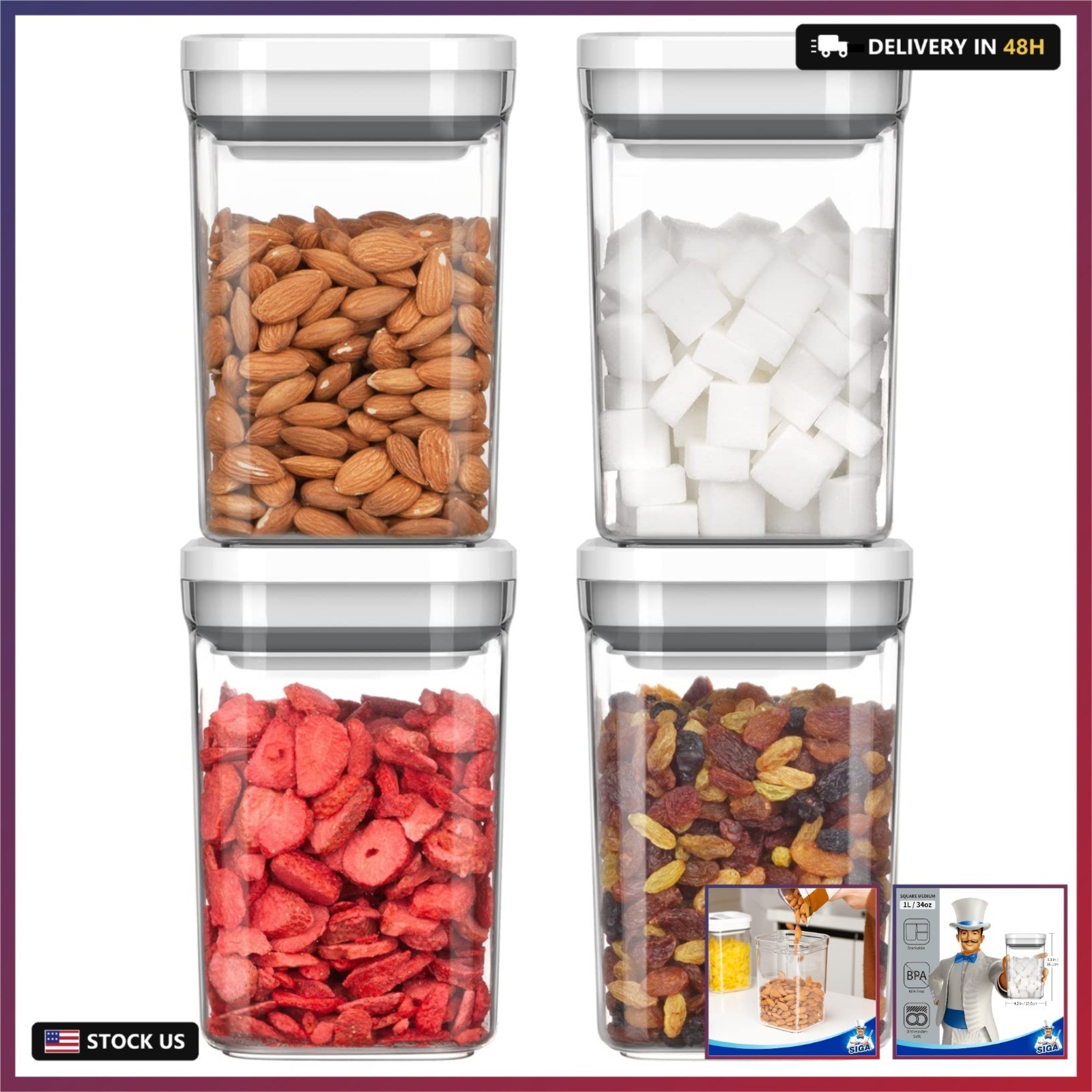 MR.SIGA 4 Pack Airtight Food Storage Container Set, BPA Free Kitchen Pantry Orga