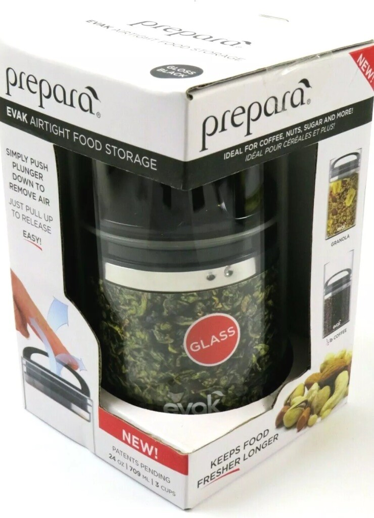 Prepara, Black Gloss handle,Evak Fresh Saver Airless Canister, Glass Medium 3019