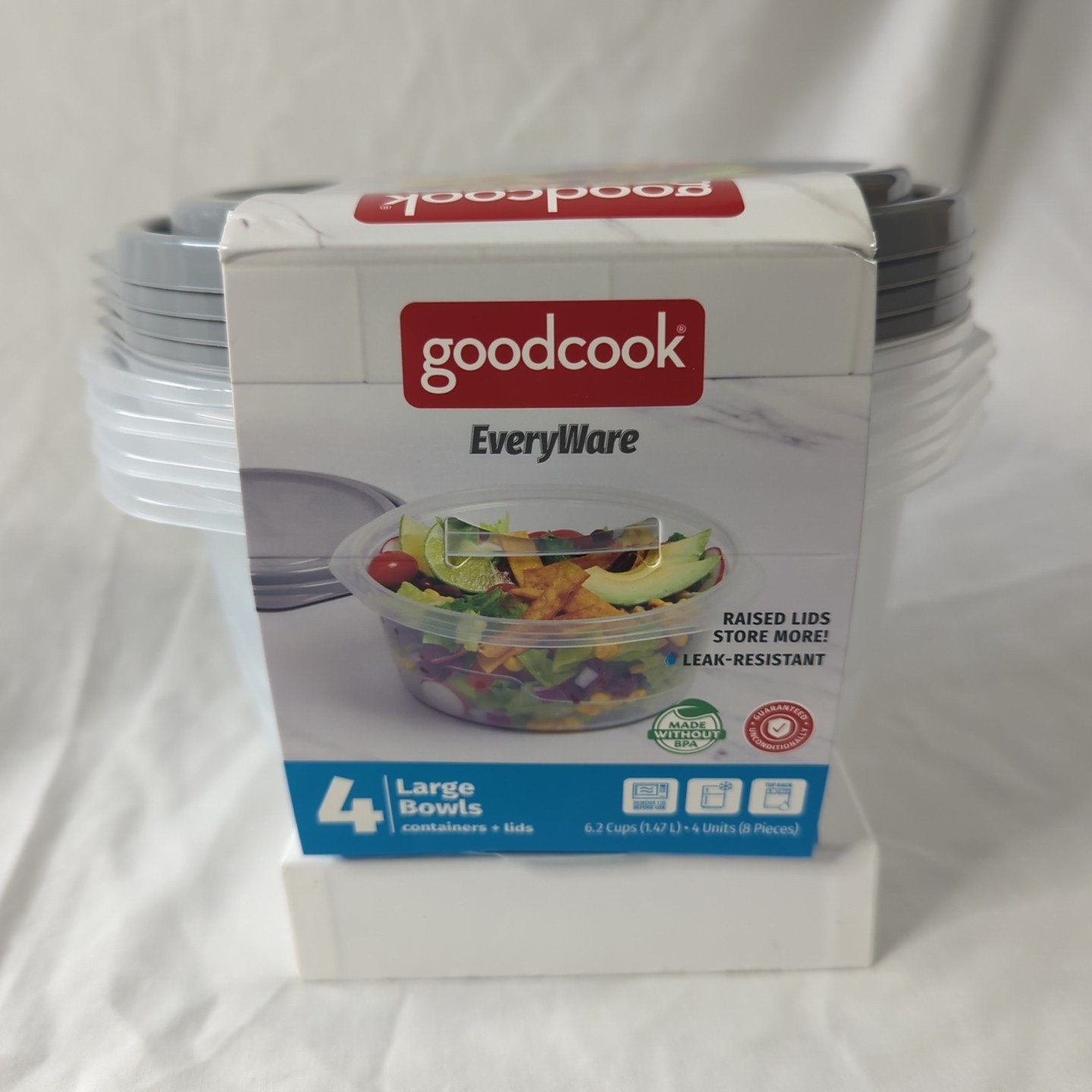 Goodcook Everyware Large Bowls 6.2 Cups Set of 4 Clear Bottom/Gray Snap On Top