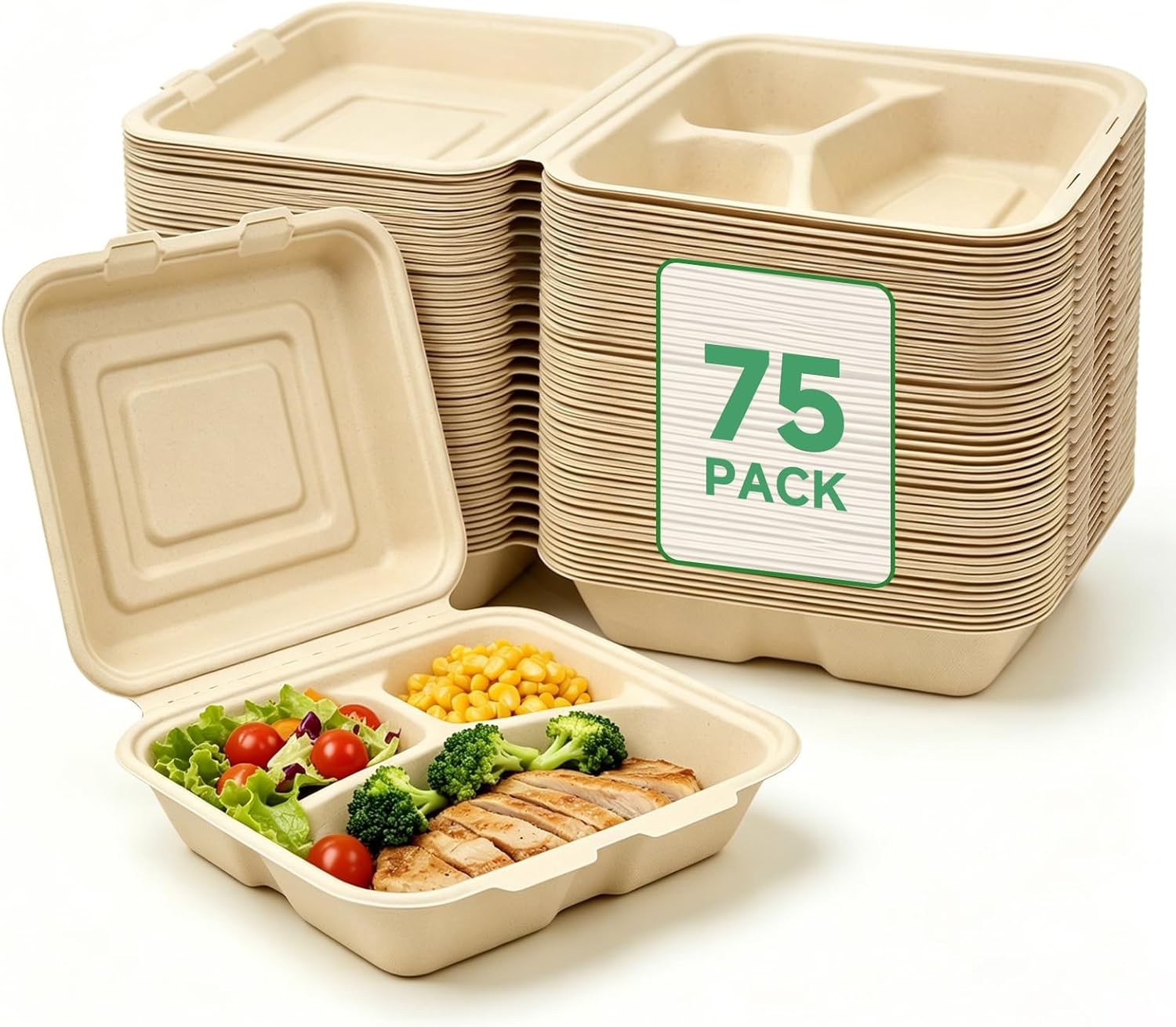 To Go Boxes 75 Pack 3 Compartment Compostable Degradable in 90 days 9×9 Inch