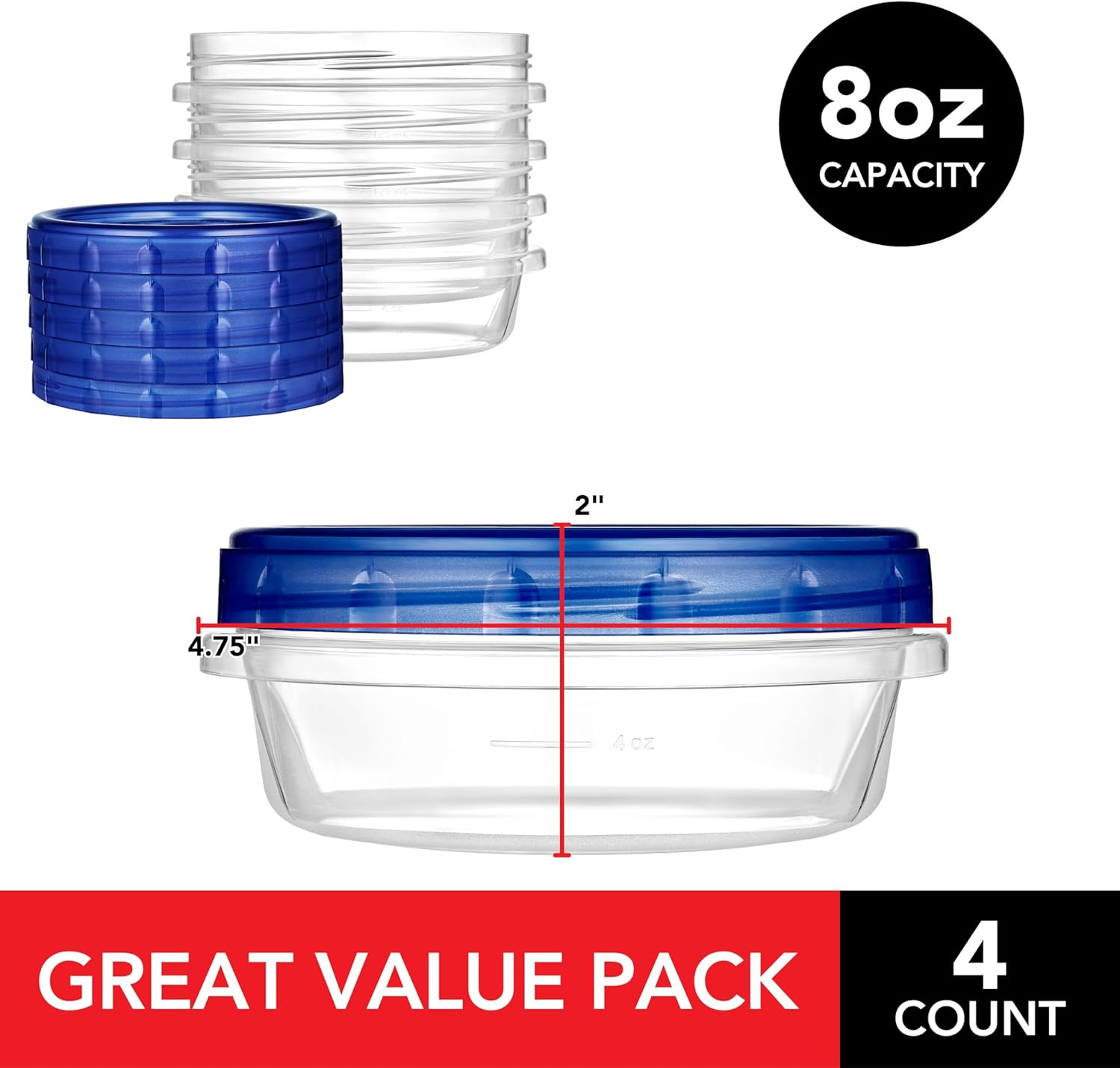 Stock Your Home 8Oz Plastic Containers with Twist Top Lids (4 Pack), 1 Cup Small