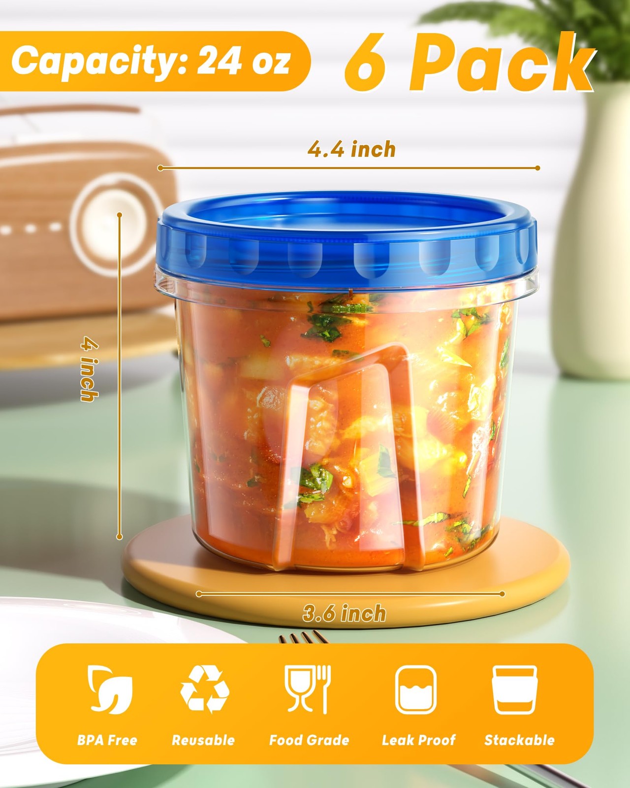 BiuLeon 6 Pack-24 oz 4.2 inches (L) x 4 (W) x 4 (H), 6Pack-24oz