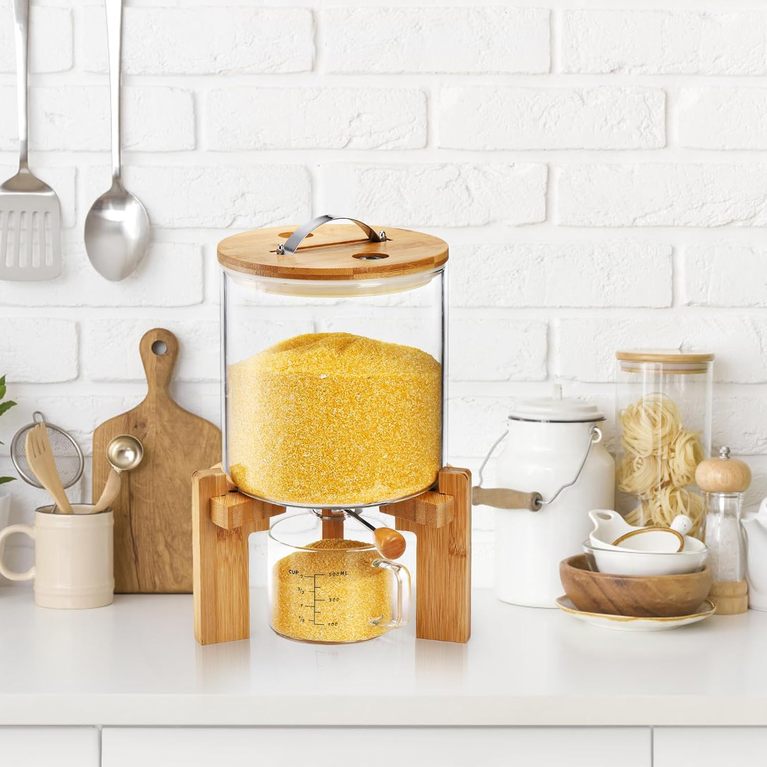 5L Glass Rice Dispenser with Bamboo Stand & Airtight Food Storage Bin