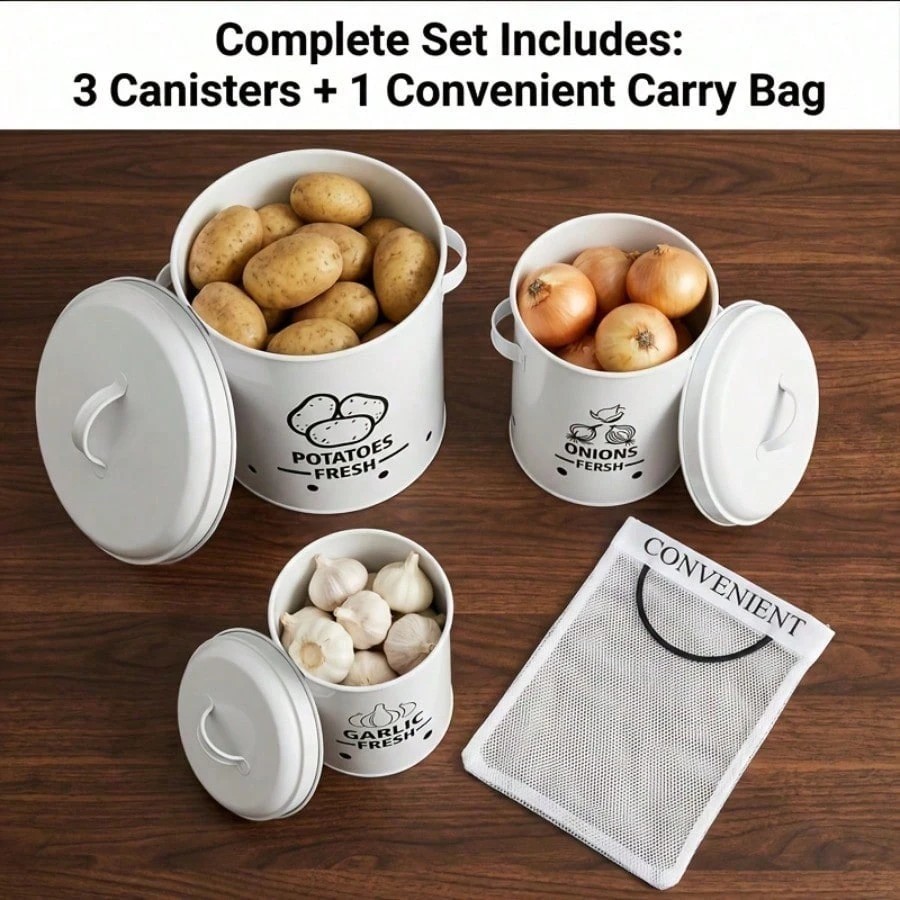 3Pcs Potato Onion Garlic Storage Bin Set Metal Kitchen Pantry Organizer Canister