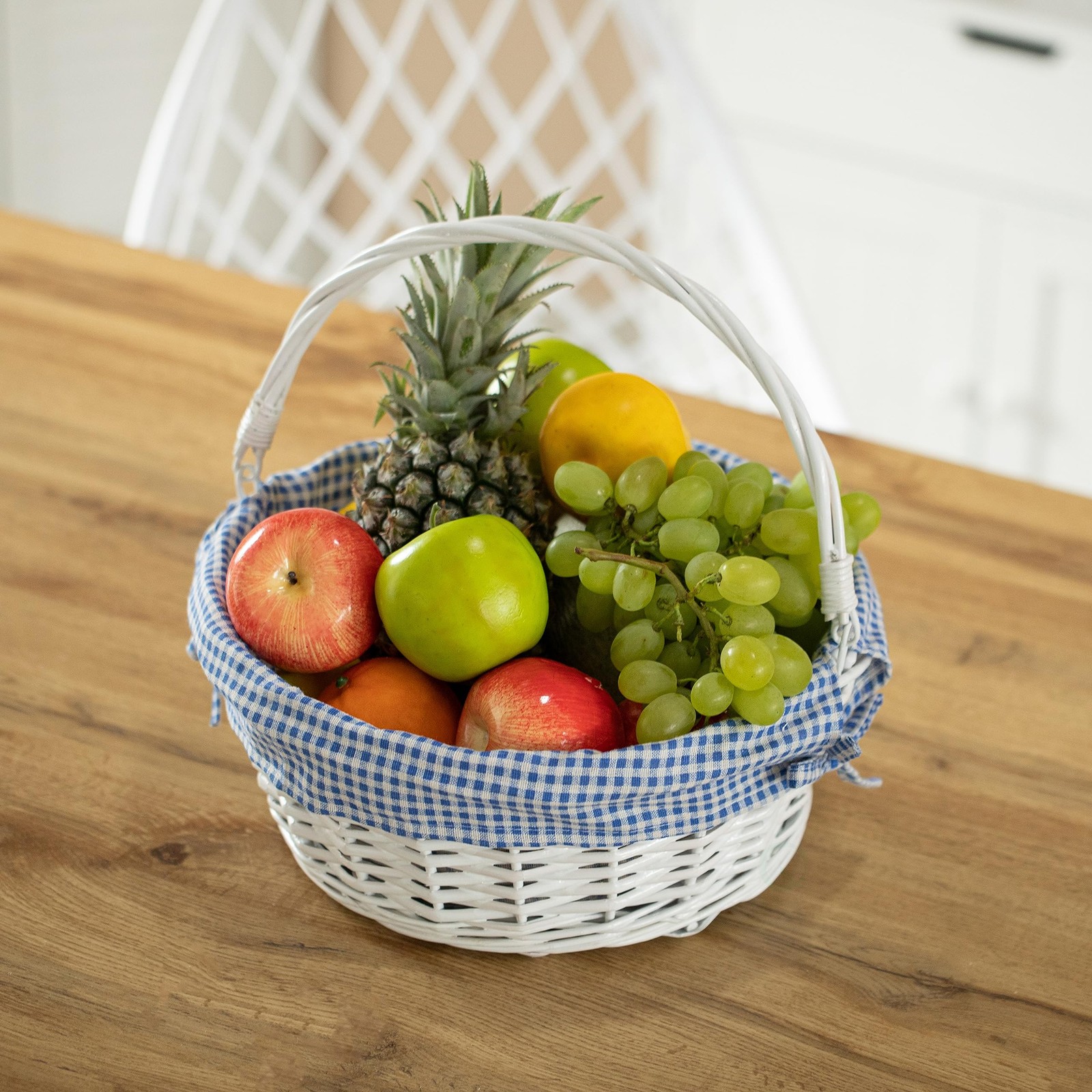 Traditional White Round Willow Gift Basket with Blue and White Gingham Liner …