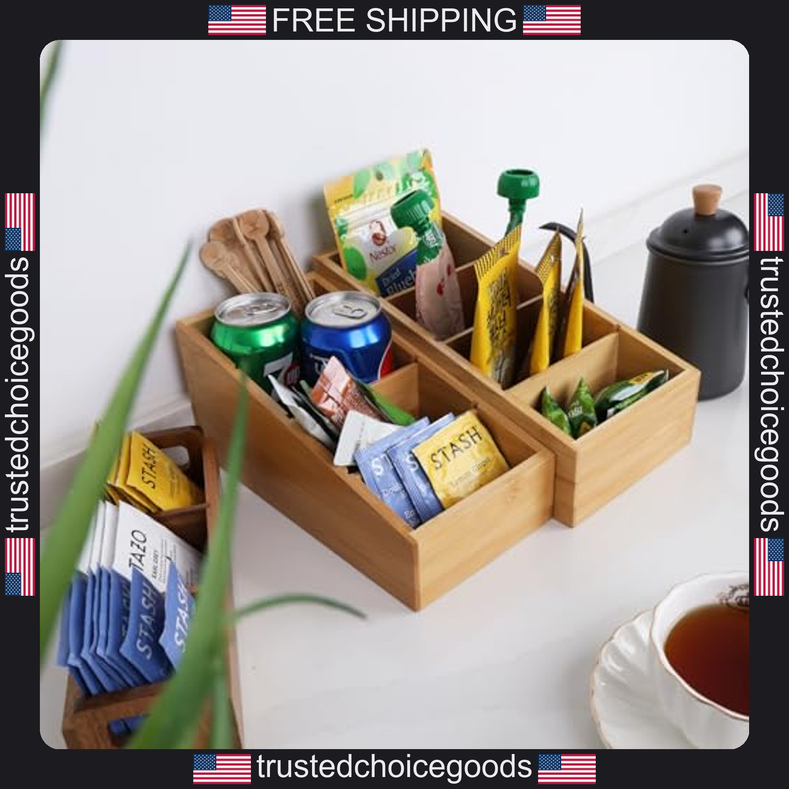 Set of 2 Bamboo Pantry Organizers with Removable Dividers for Kitchen Storage