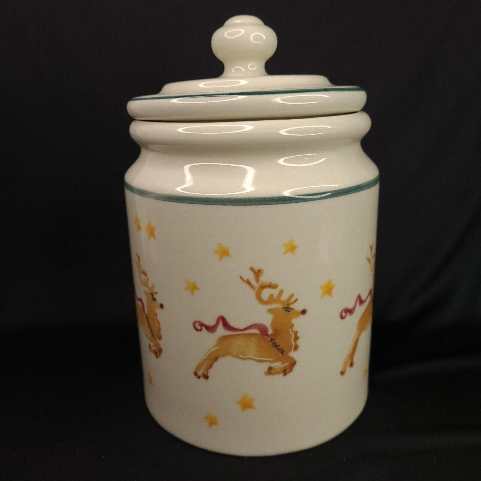 Hartstone Pottery Christmas Cookie Jar Reindeer Up on the Roof Top Canister READ